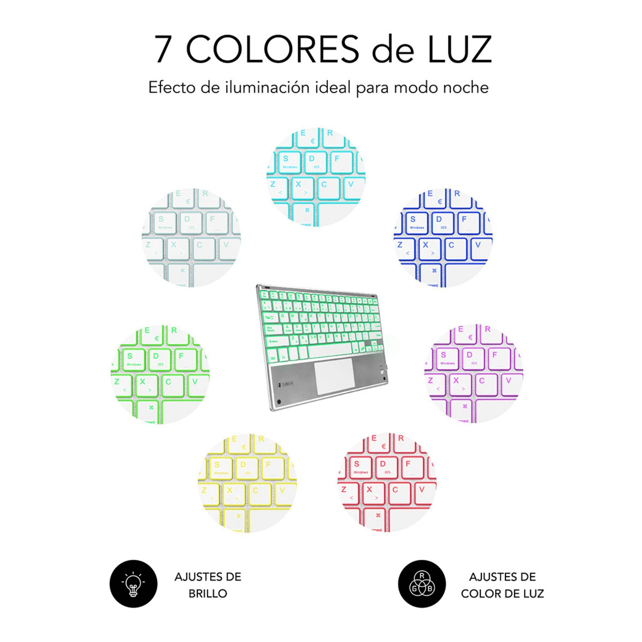Teclado con múltiples opciones de color. Teclas verdes, texto blanco. Siete círculos de color rodean el teclado.