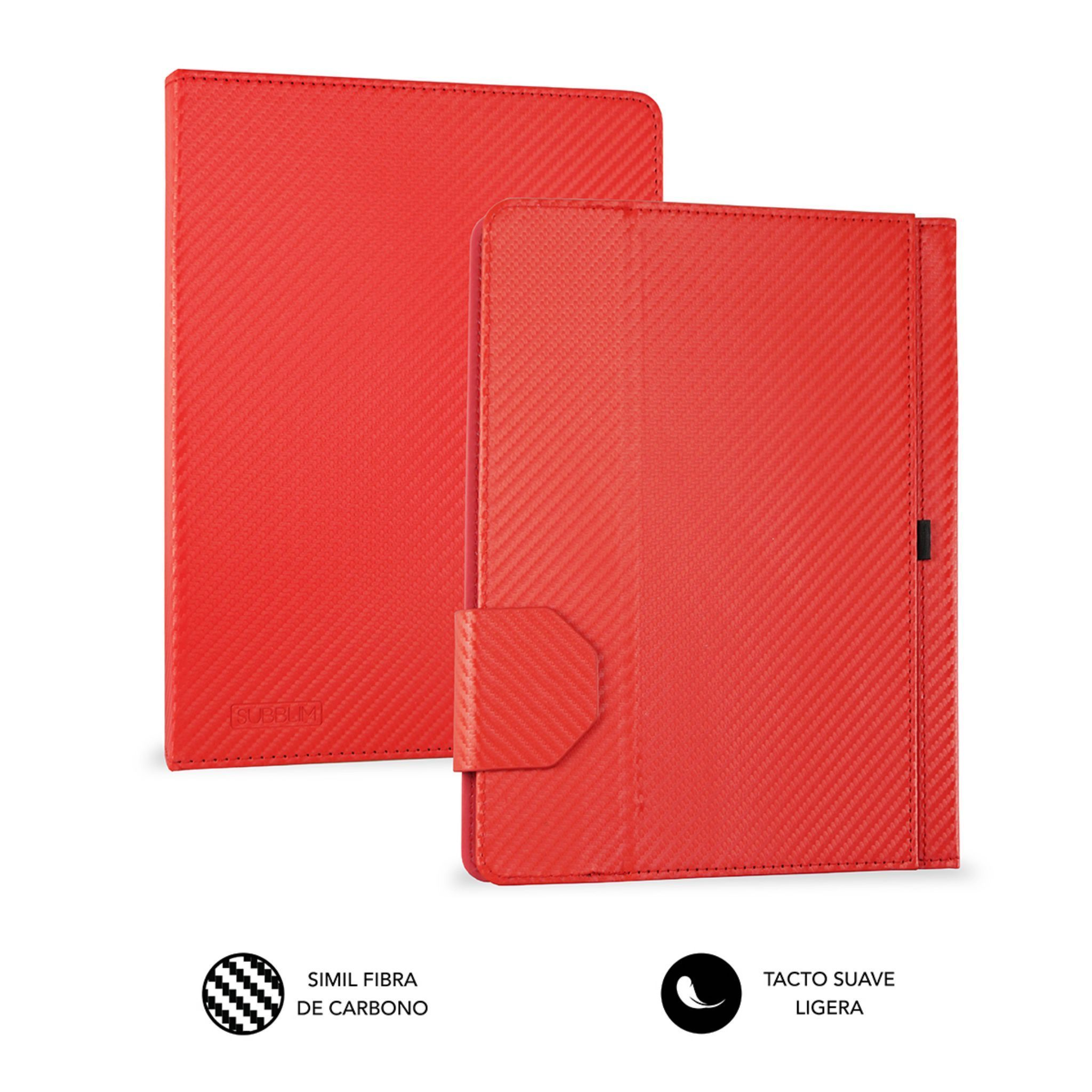 Funda roja para tableta. Textura de fibra de carbono. Dos piezas mostradas.