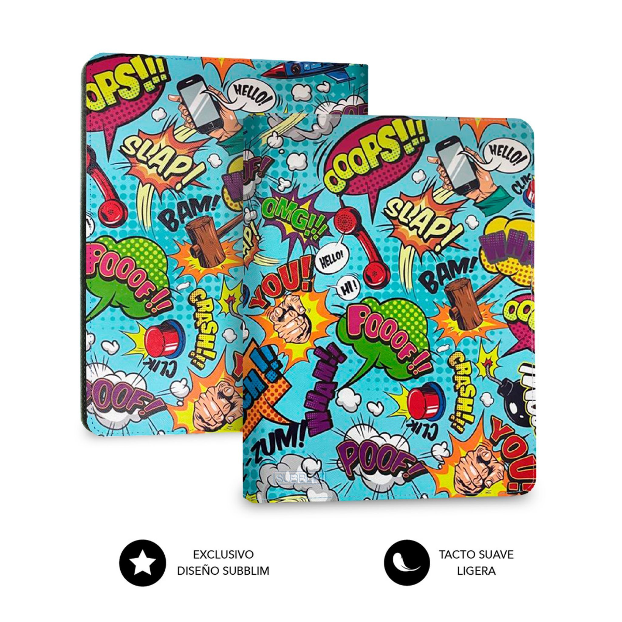 Dos fundas para tabletas, cubiertas con gráficos de cómic coloridos y bocadillos. Una está abierta.