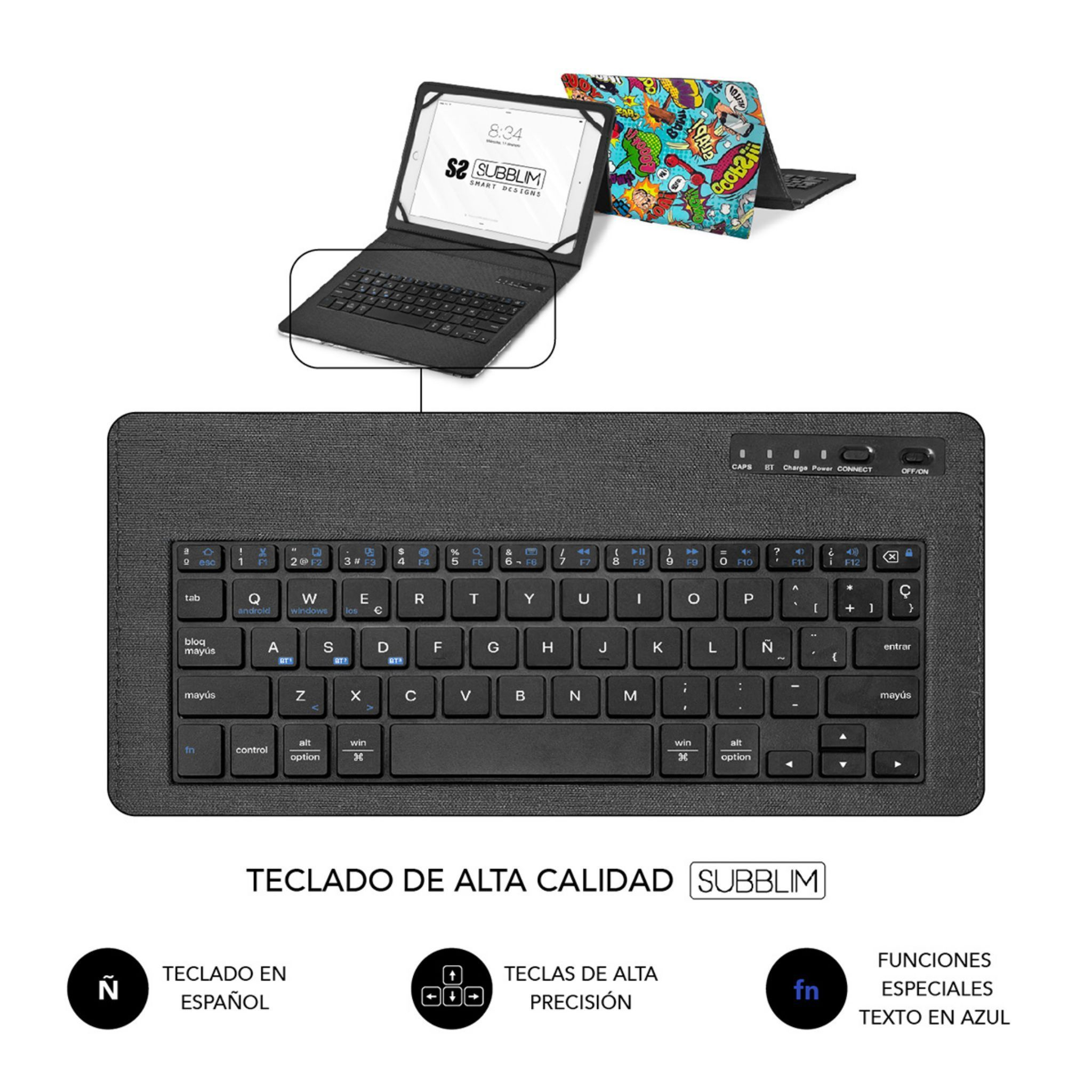 Funda con teclado y tableta. Teclado español, marca Subblim.