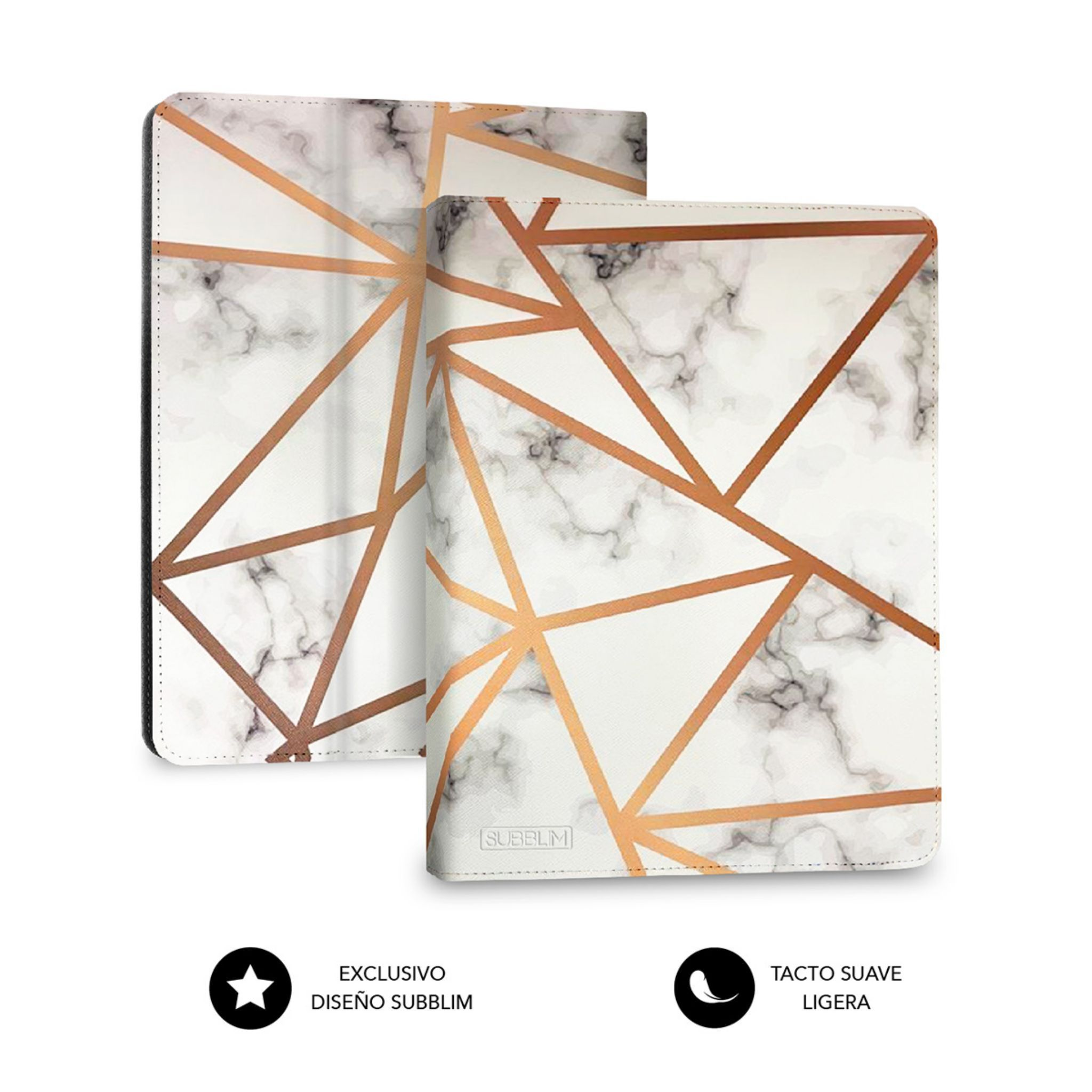 Dos fundas blancas para tablet con diseño geométrico en oro rosa. Una abierta. Bordes negros, logo Subblim.