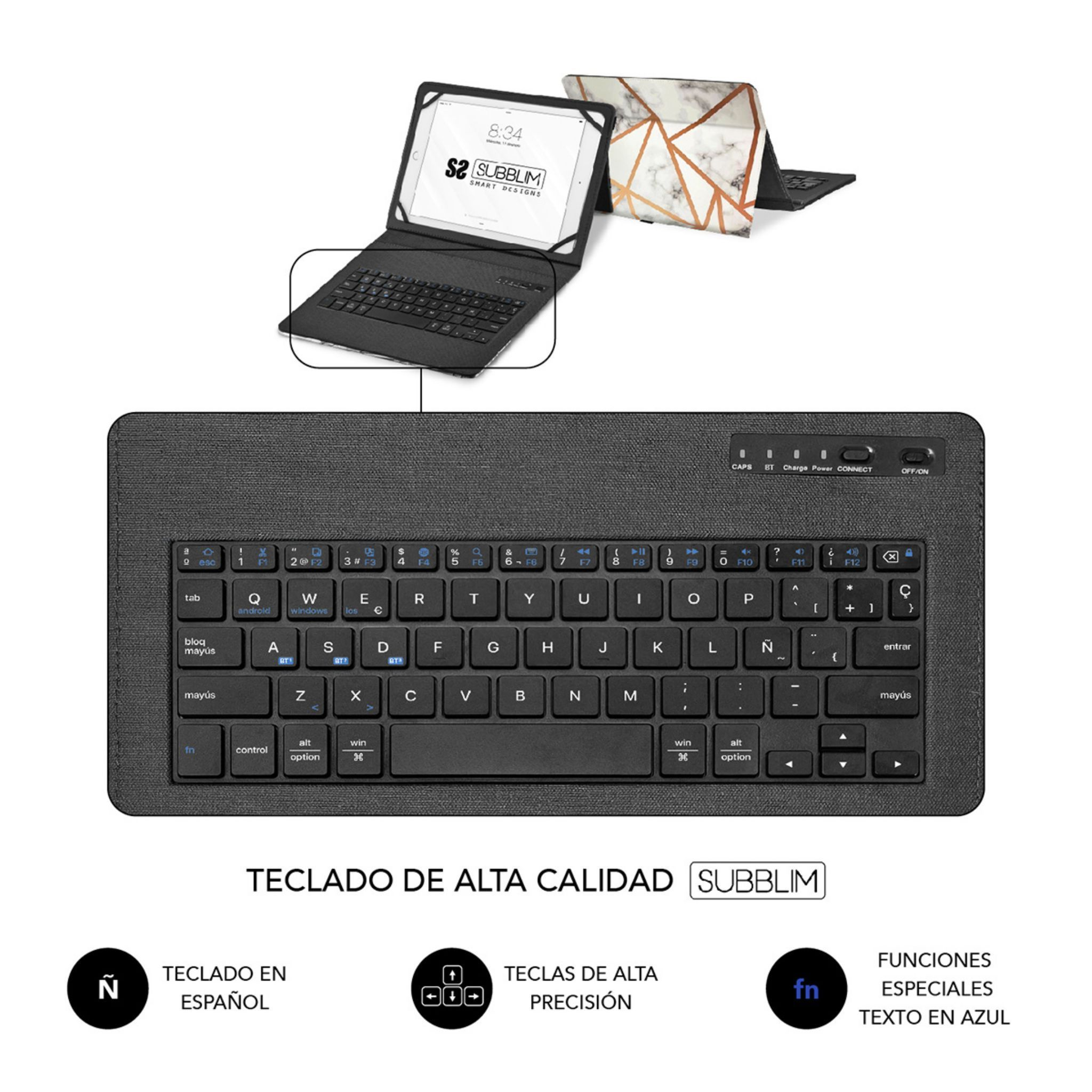 Funda con teclado dentro y una tableta encima con una cubierta similar a un teclado.