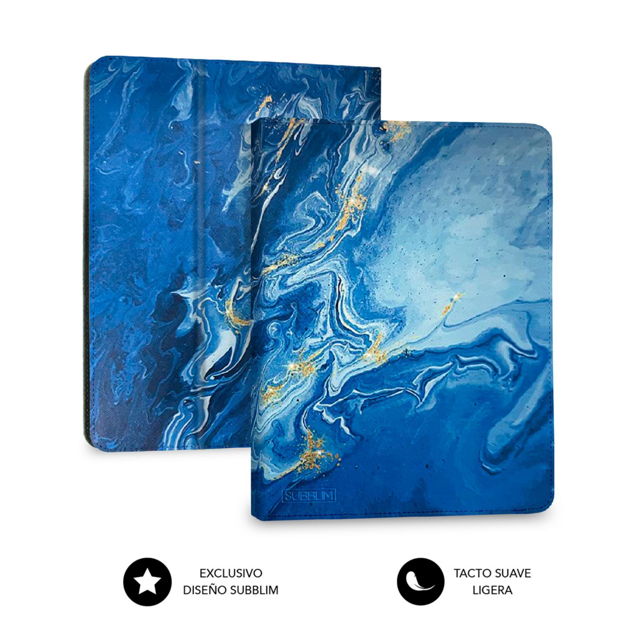 Dos fundas para tablet con un patrón similar al mármol. Una está abierta, mostrando el interior.