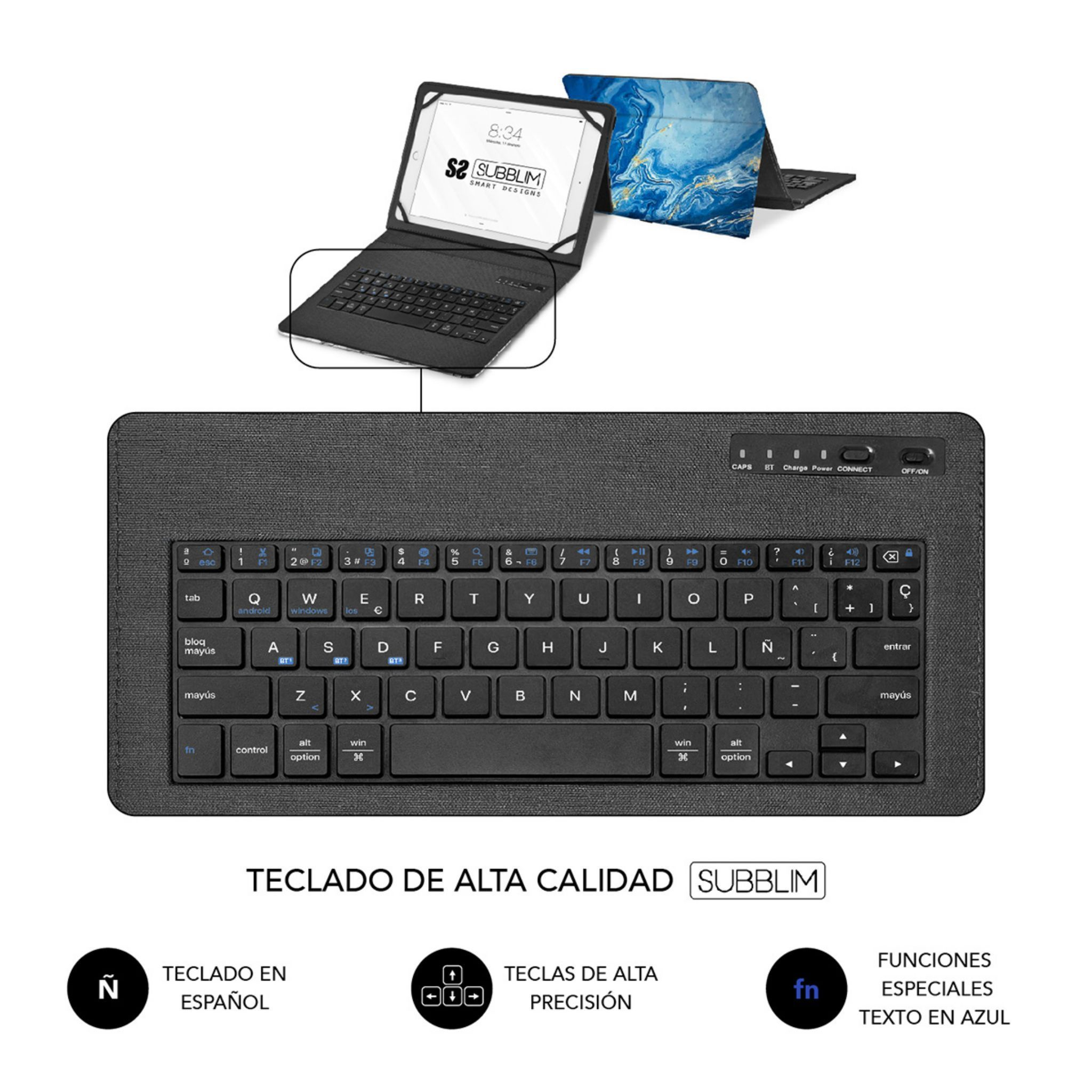 Un teclado con una tableta en una funda encima, con texto e iconos en español.