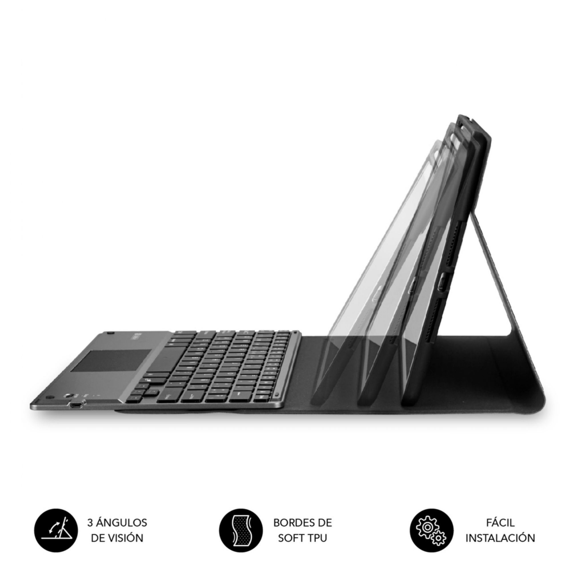 Funda de tableta con teclado. Tres ángulos de visión, bordes suaves, fácil instalación.