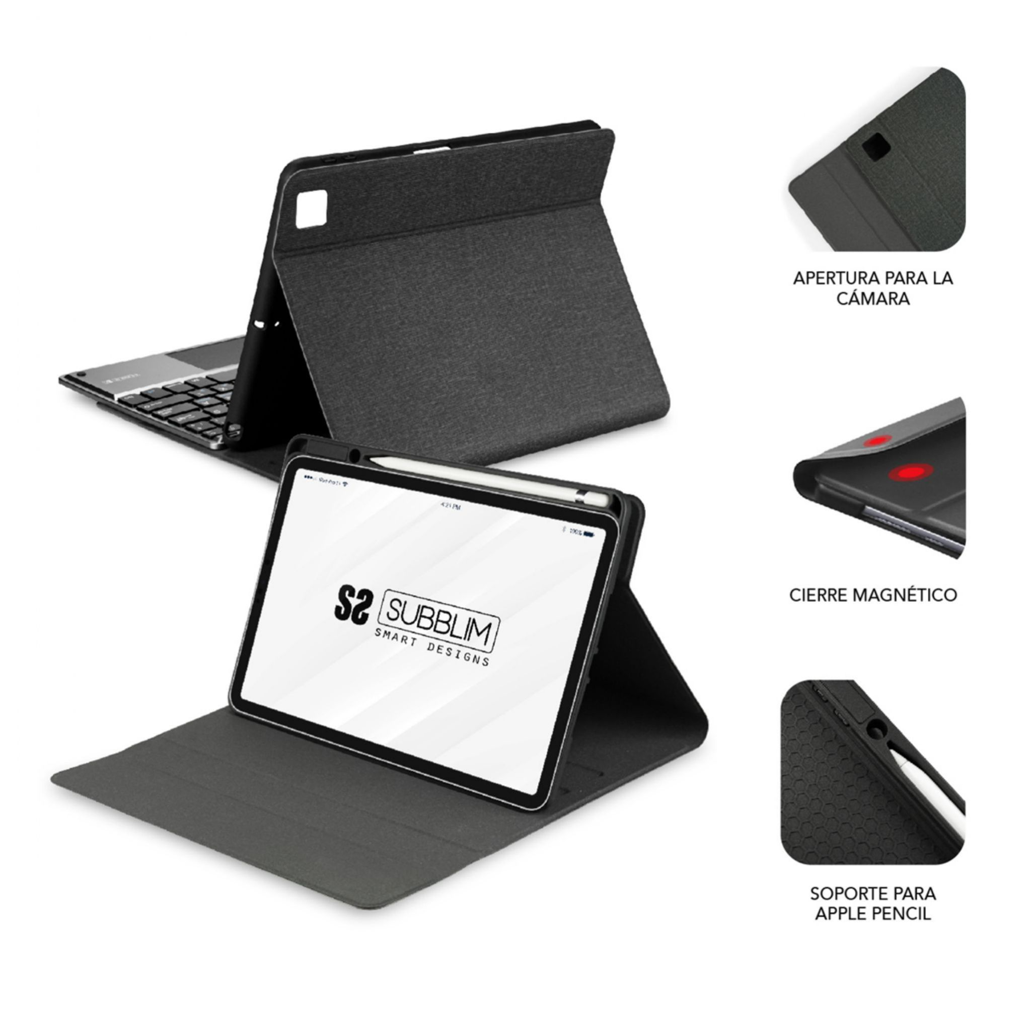Tableta negra con funda de teclado. Incluye apertura de cámara, cierre magnético, y soporte para lápiz.