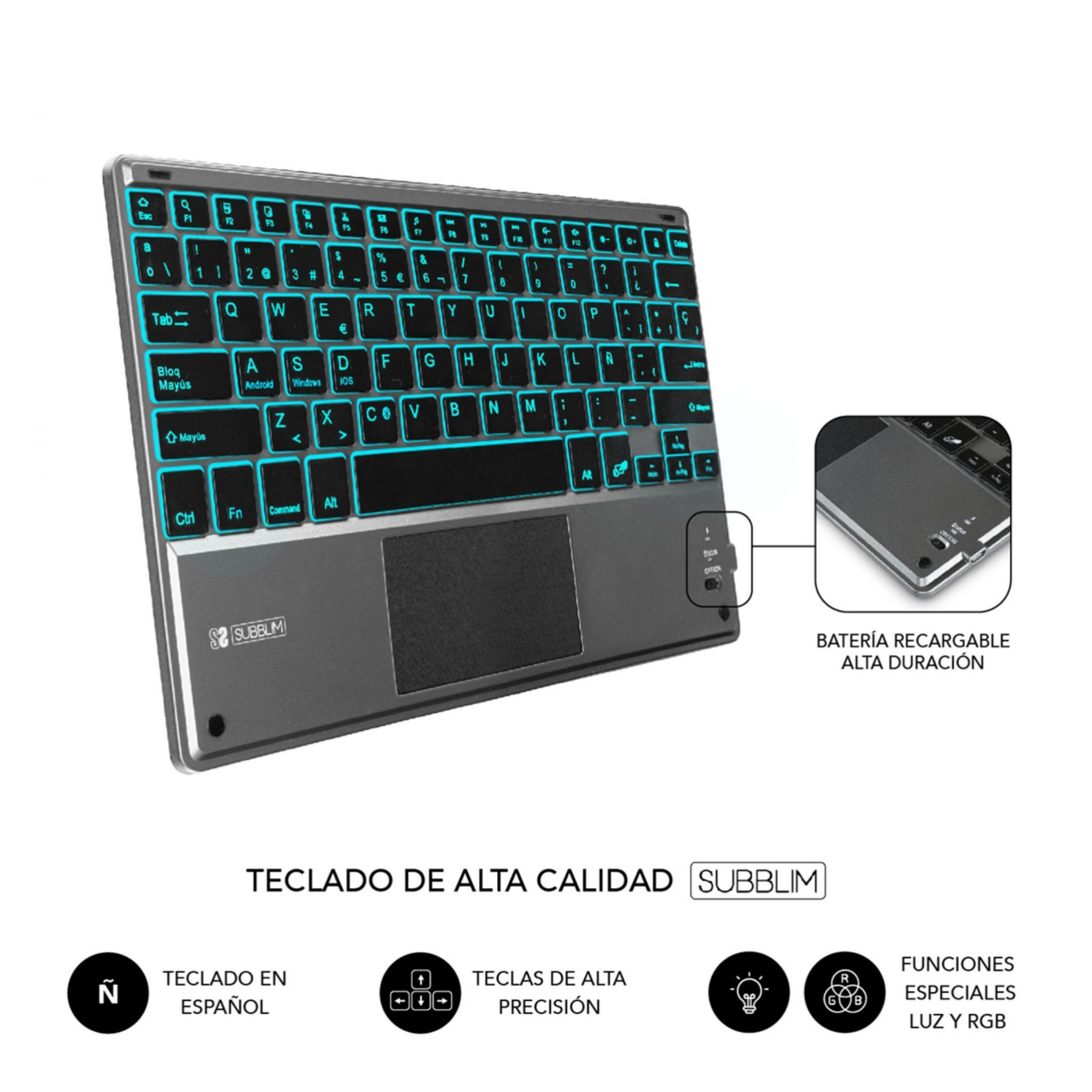 Teclado gris. Teclas retroiluminadas azules, panel táctil y botón con texto e iconos en español.