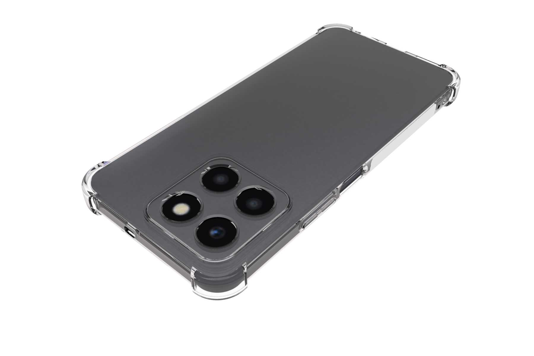 Ein schwarzes Smartphone in einer durchsichtigen Schutzhülle, Kameras sichtbar.