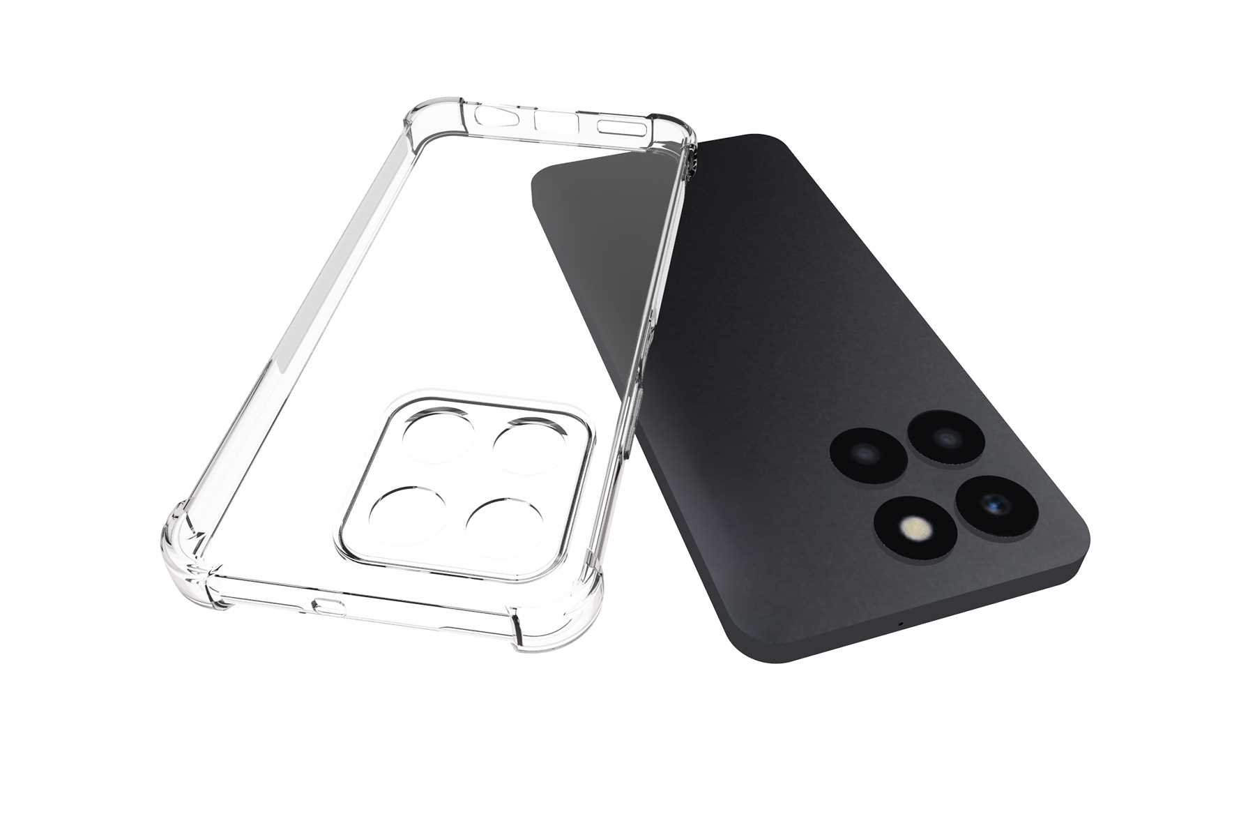 Eine transparente Handyhülle neben einem schwarzen Smartphone. Das Telefon hat mehrere Kameralinsen.