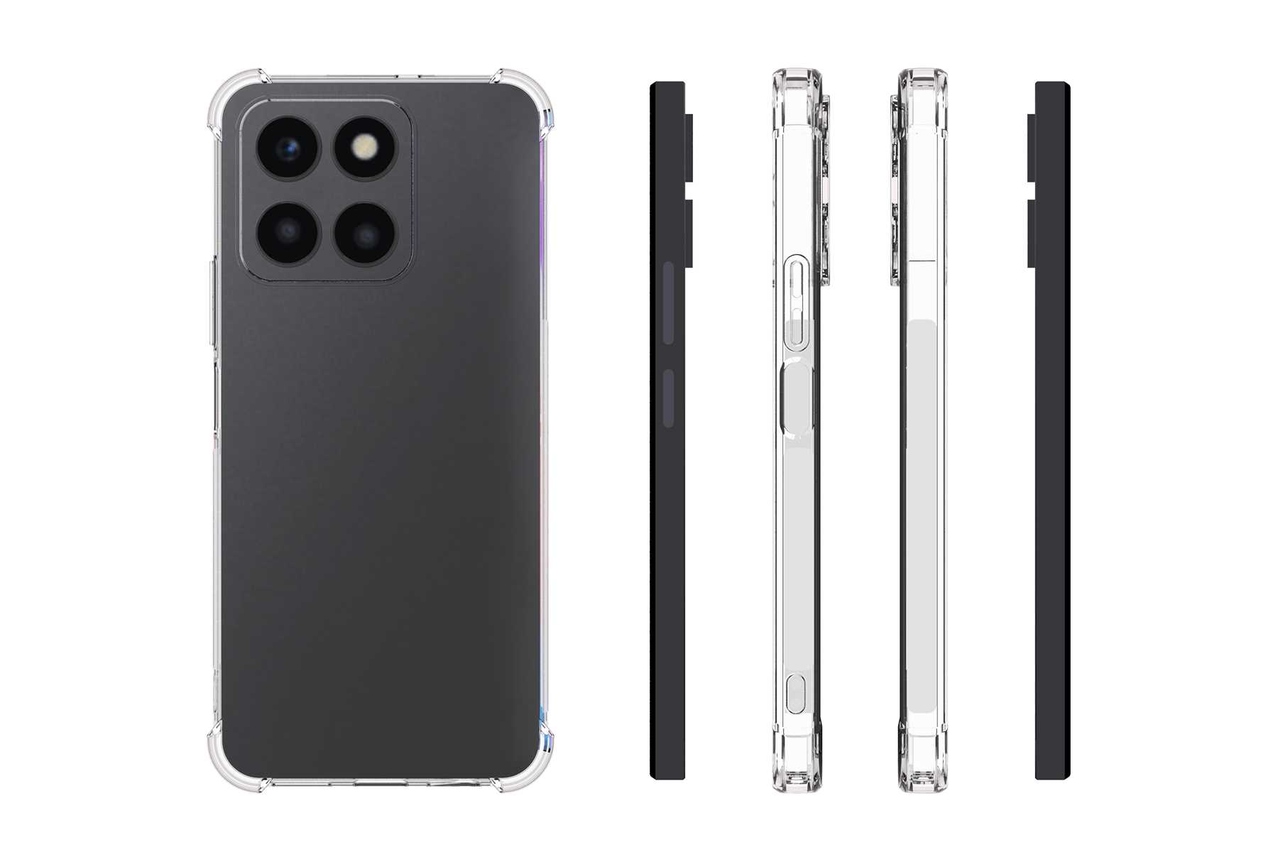 Ein schwarzes Telefon mit vier Kameras und einer durchsichtigen Handyhülle. Mehrere Ansichten.