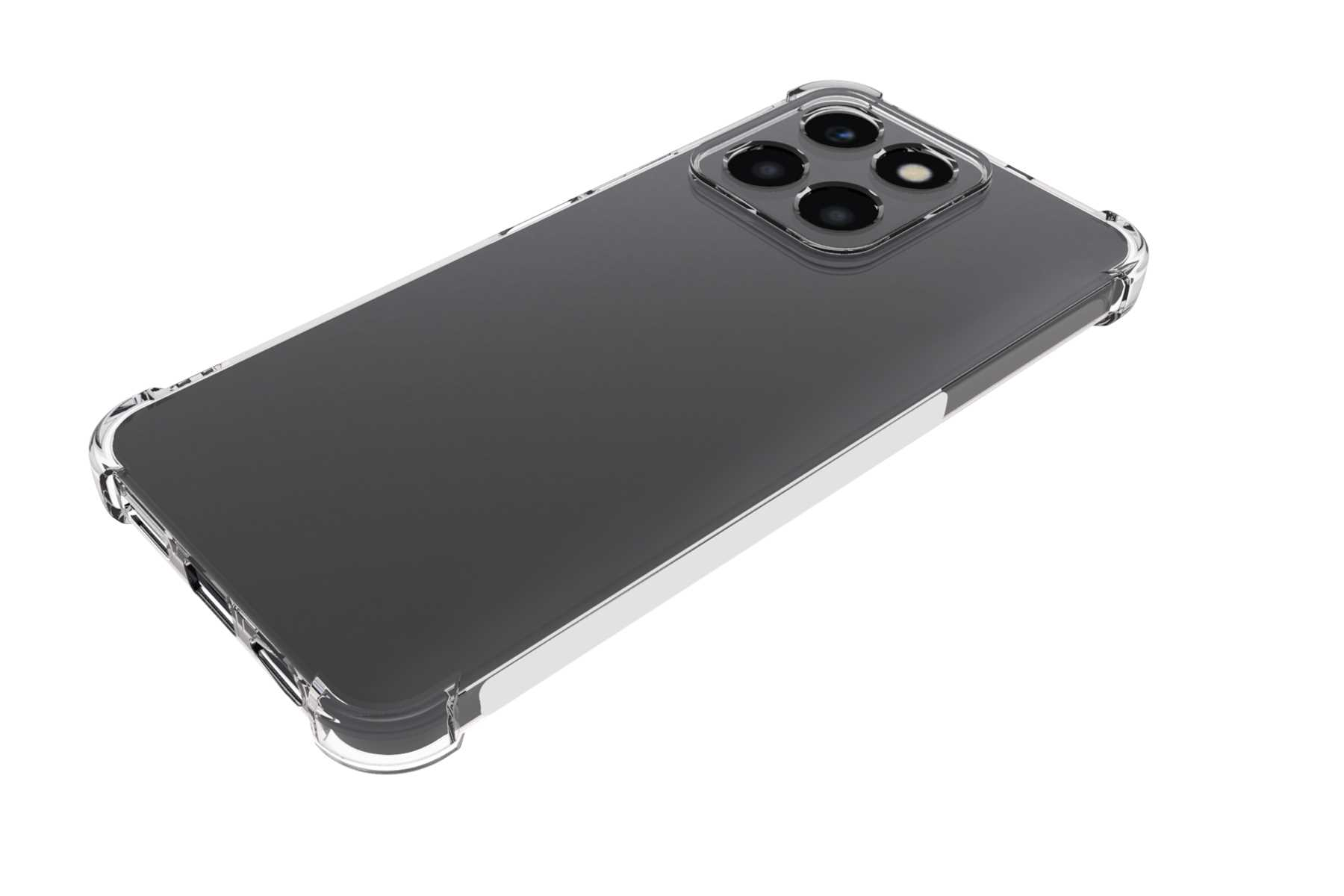 Transparente Handyhülle auf einem schwarzen Telefon, Kameralinsen sichtbar, weißer Hintergrund.