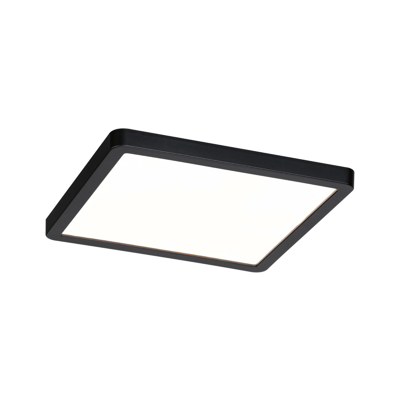Eine quadratische, schwarze LED-Deckenleuchte. Sie ist eingeschaltet und gibt helles, weißes Licht ab.