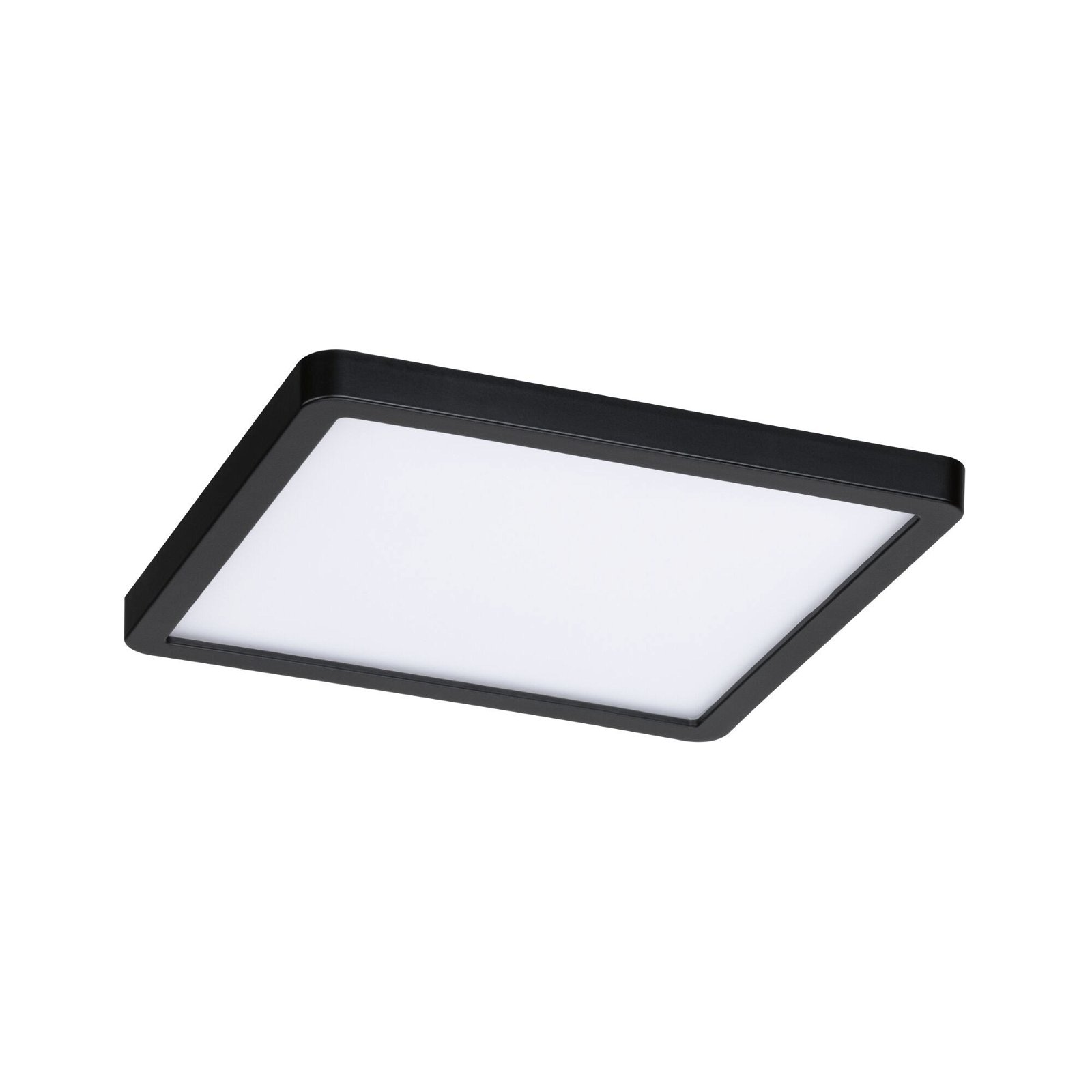 Eine schwarze quadratische LED-Deckenleuchte, schlichtes Design, auf weißem Hintergrund.