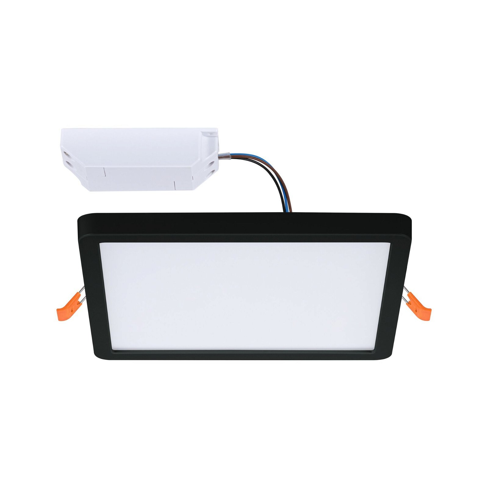 Schwarzes Einbau-LED-Licht mit weißem Licht, orangefarbenen Clips und weißem Netzteil auf weißem Hintergrund.