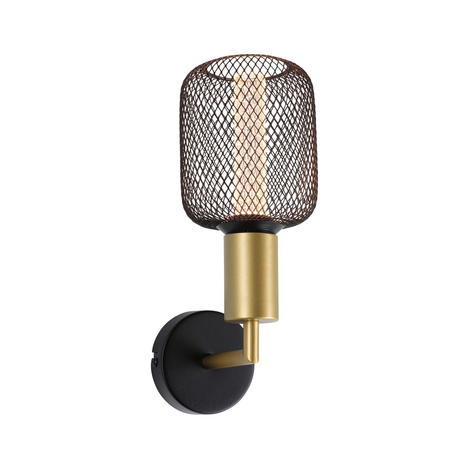 Lampa ścienna z czarną podstawą, złotym trzpieniem i kloszem z siatki drucianej.