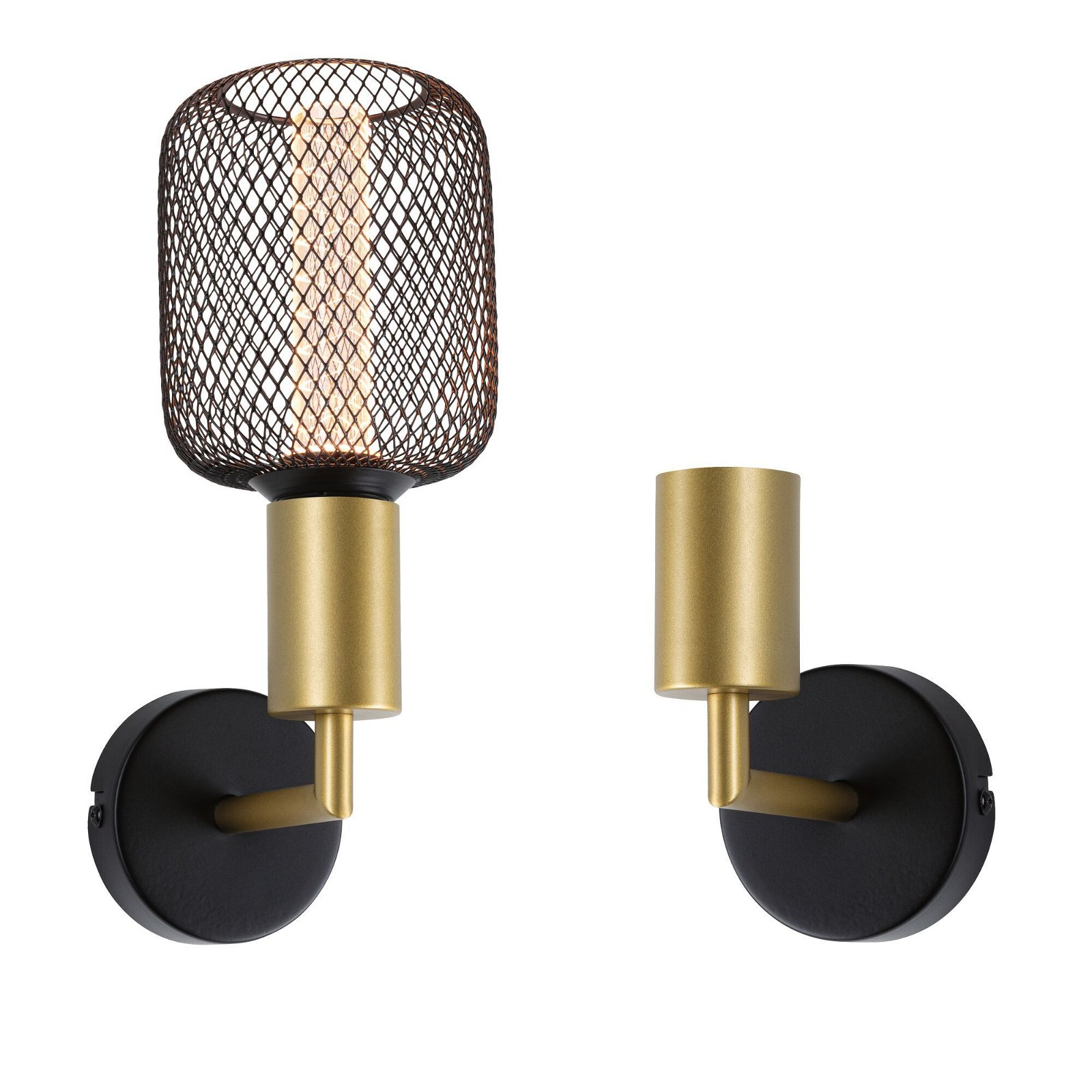 Dwie nowoczesne lampy ścienne. Czarne okrągłe podstawy ze złotymi ramionami i kloszami z siatki.