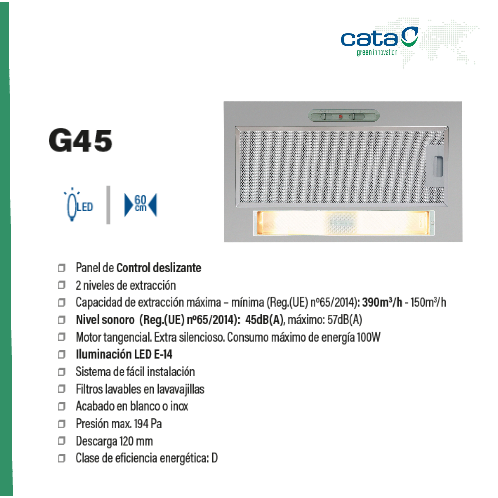 Campana extractora blanca con texto, botones e información. El texto incluye G45, LED y 60 cm.