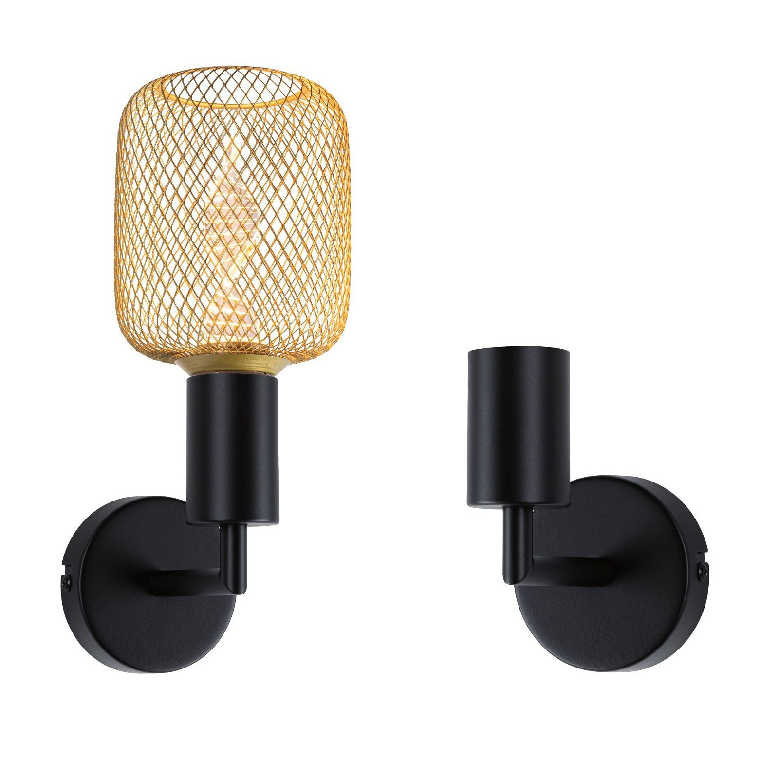 Dwie czarne lampy ścienne, jedna ze złotym drucianym kloszem, druga bez. Mają okrągłe płyty podstawy.