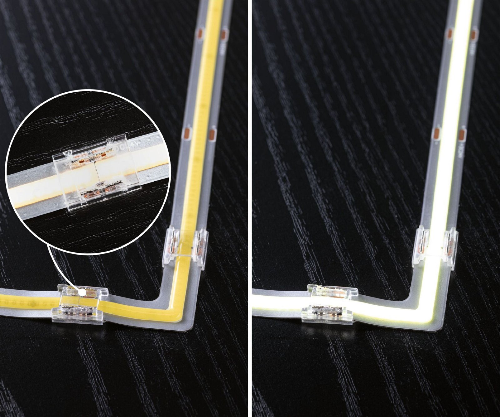 Zbliżenie na paski świetlne LED. Pokazuje połączenia i emisję światła.
