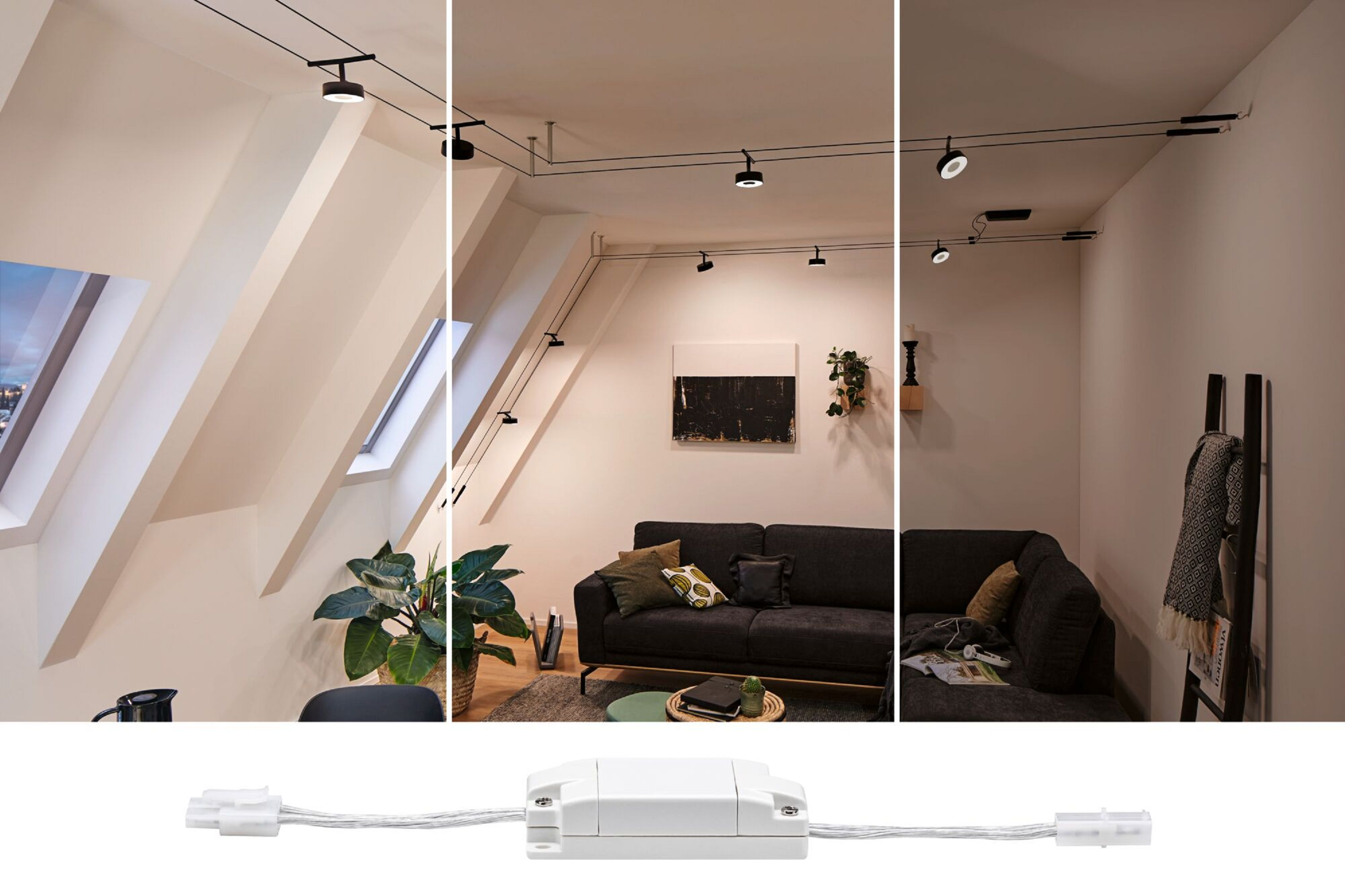 Trzy ujęcia wnętrza pomieszczenia z oświetleniem szynowym i białym zasilaczem.