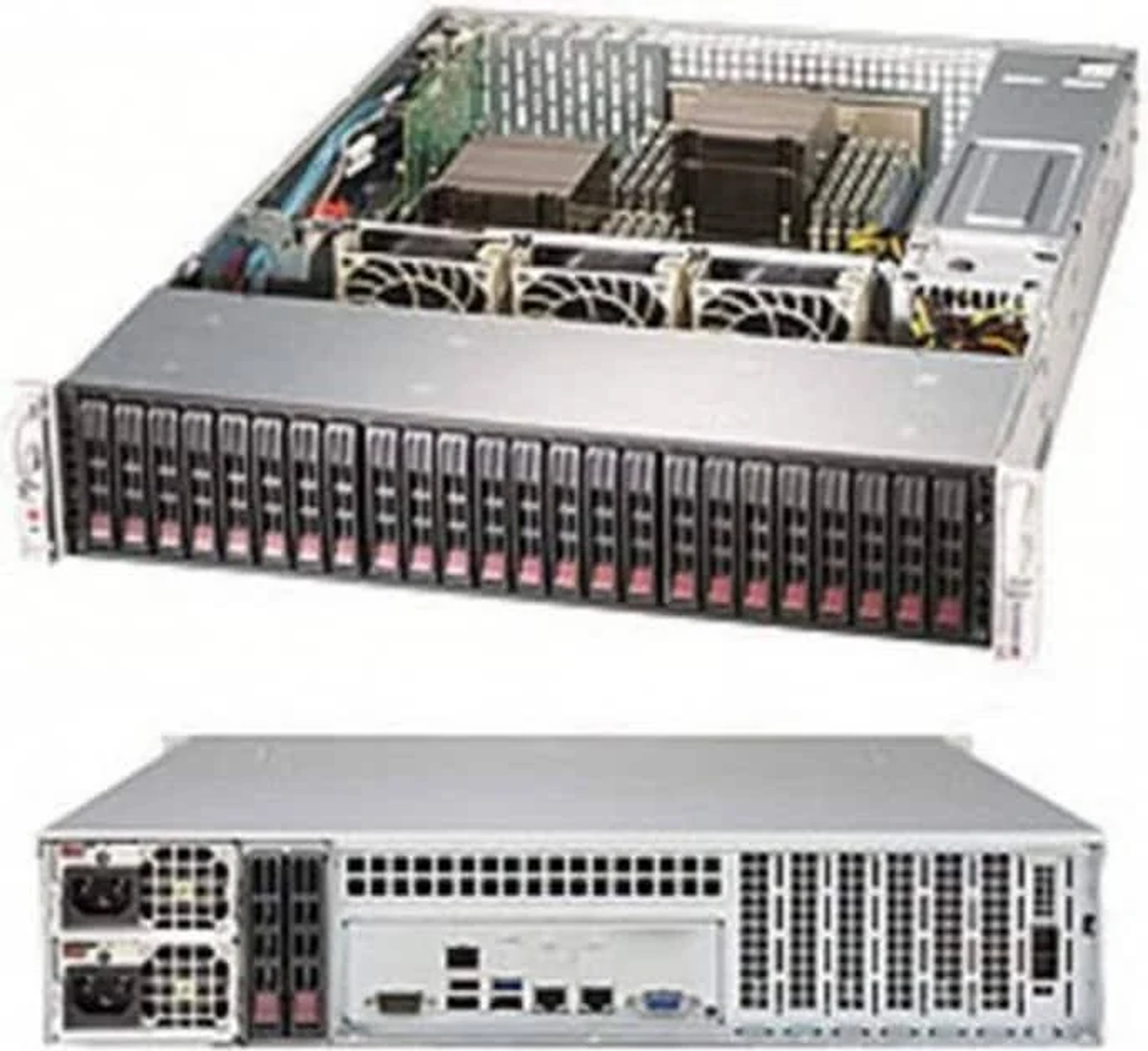 Ein Server-Rack mit mehreren Laufwerksschächten vorne und einer offenen Oberseite mit internen Komponenten.