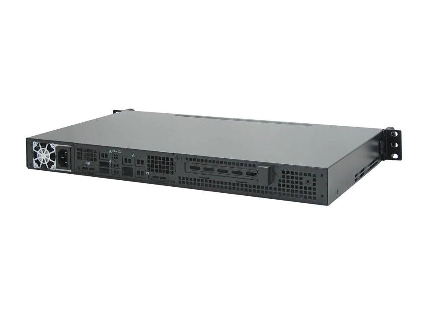 Ein schwarzes Server-Rack mit verschiedenen Anschlüssen und einem Lüfter, vor weißem Hintergrund.