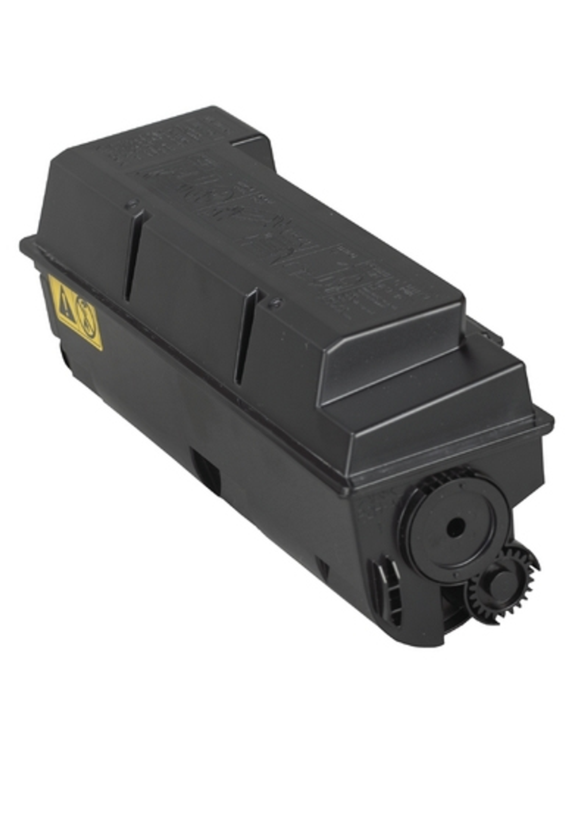 Una cartuccia di toner nera con un meccanismo a ingranaggi su uno sfondo bianco.