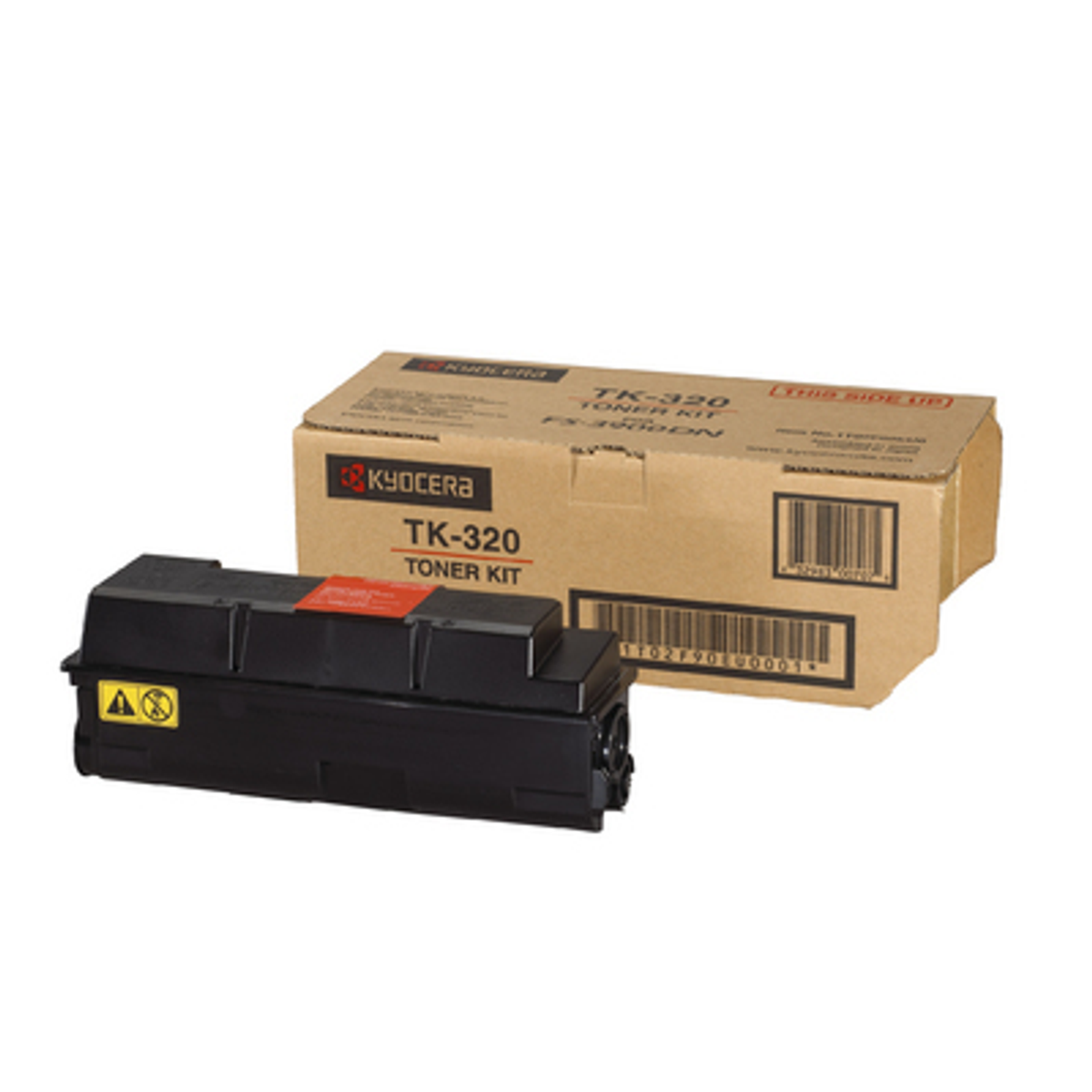 Una cartuccia di toner nera e una scatola di cartone su uno sfondo bianco.