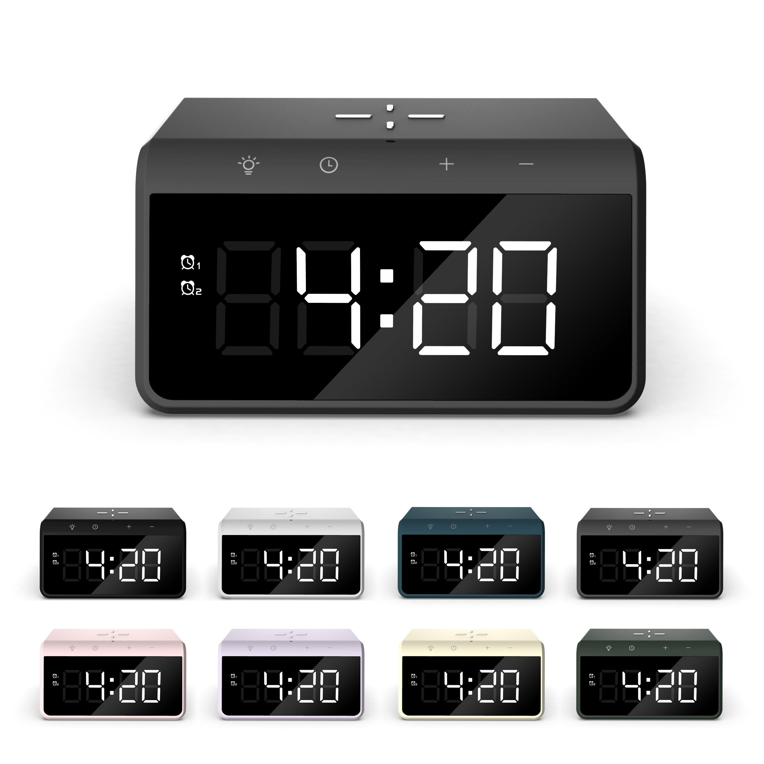 Digital alarm clock showing 4:20. Multiple color variations are shown.