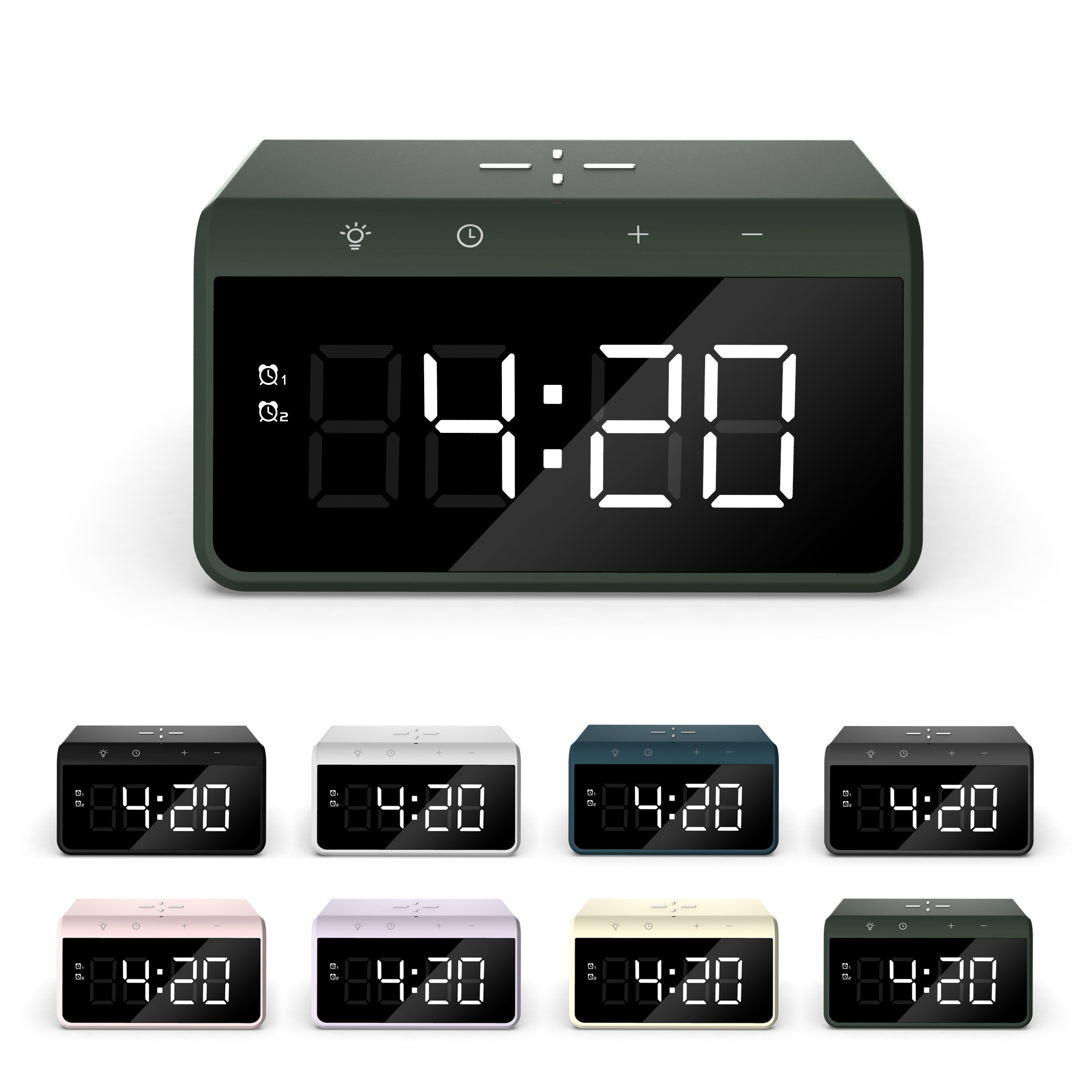 Digital alarm clock displaying 4:20. Includes multiple color variations of the same clock design.