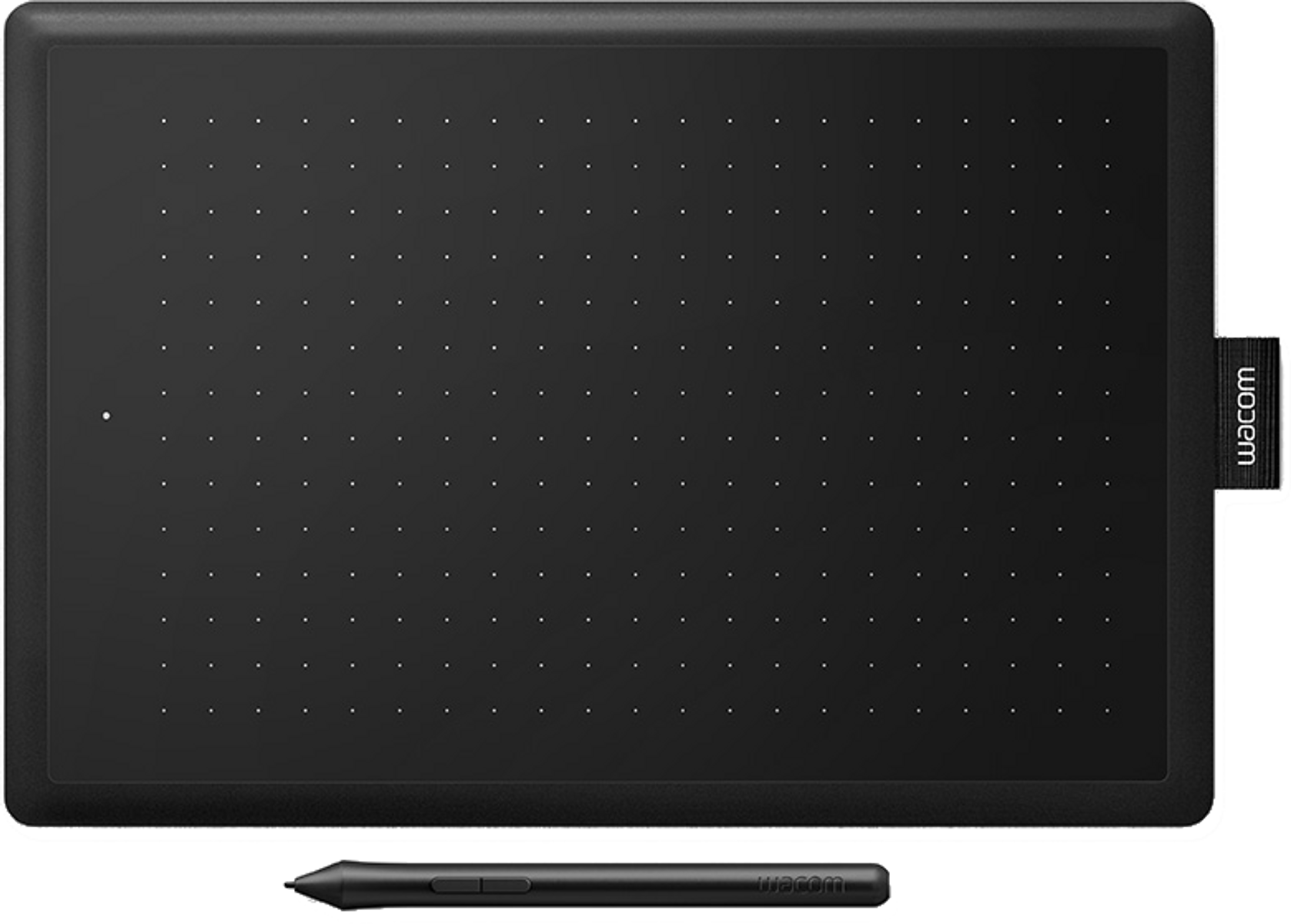 Czarny tablet graficzny Wacom z piórem na białej powierzchni.