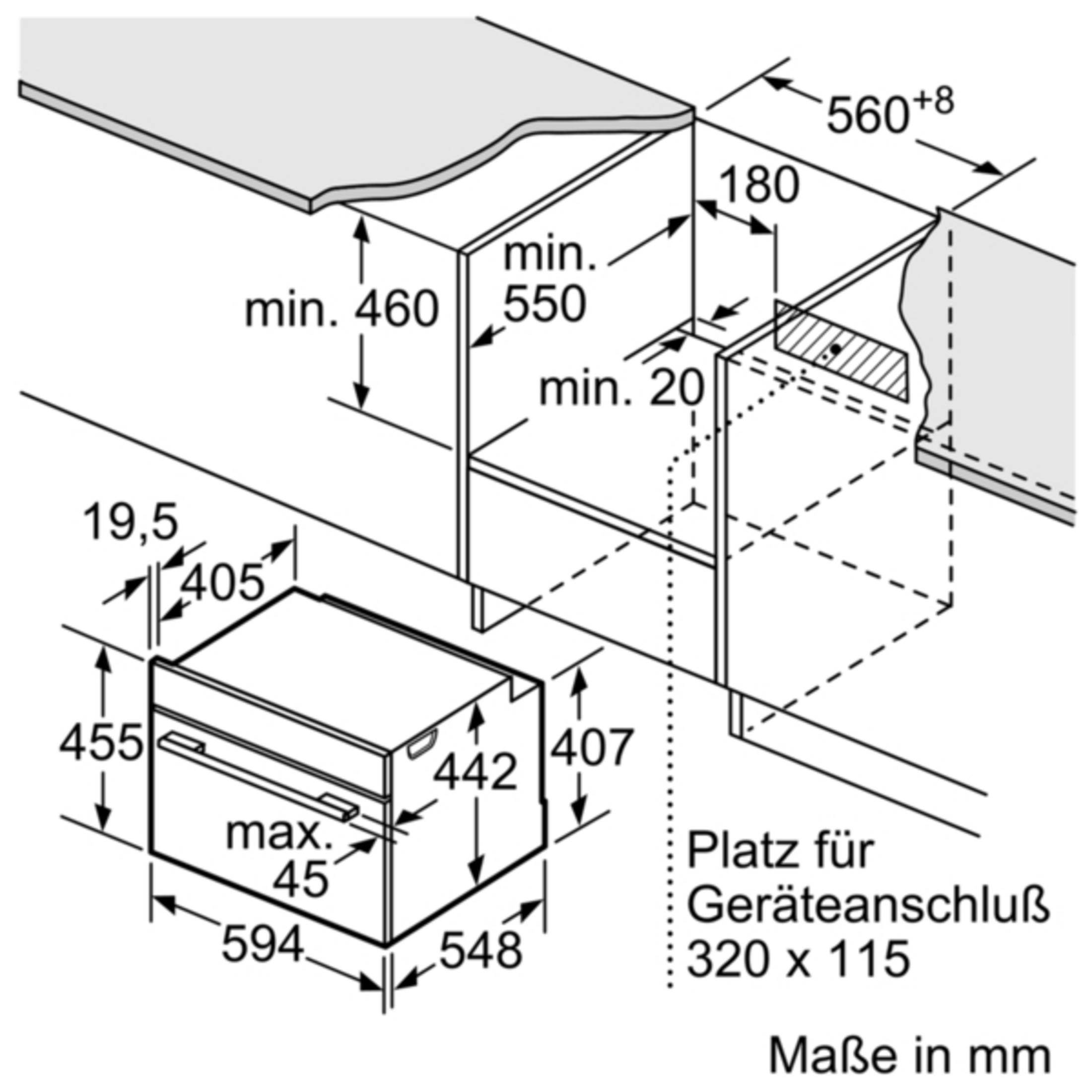 Diagramm eines Einbauofens mit Abmessungen in mm. Der Ofen befindet sich in einem Schrank.