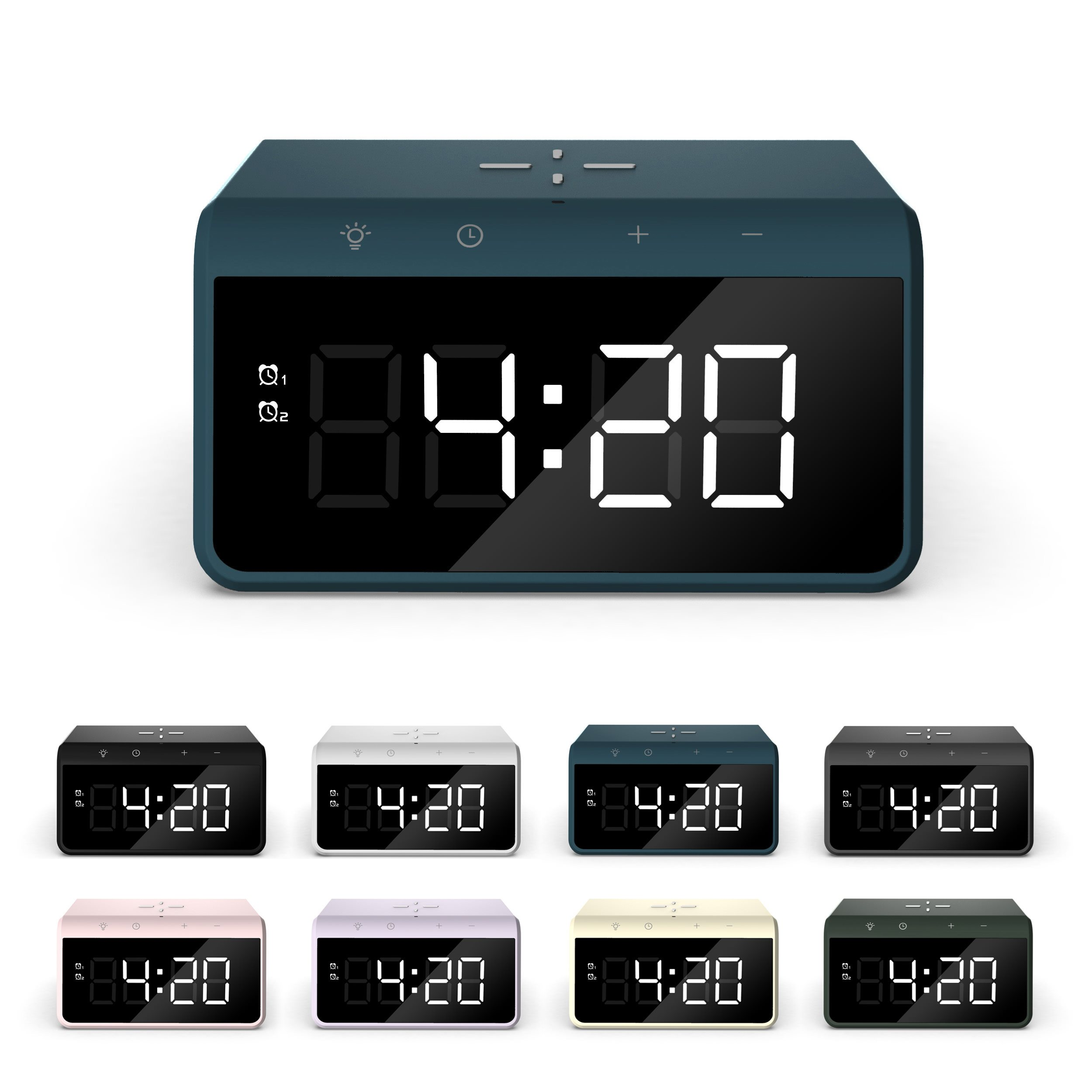 Digital alarm clock with a blue case, displaying the time 8:4:20, with similar clocks below.