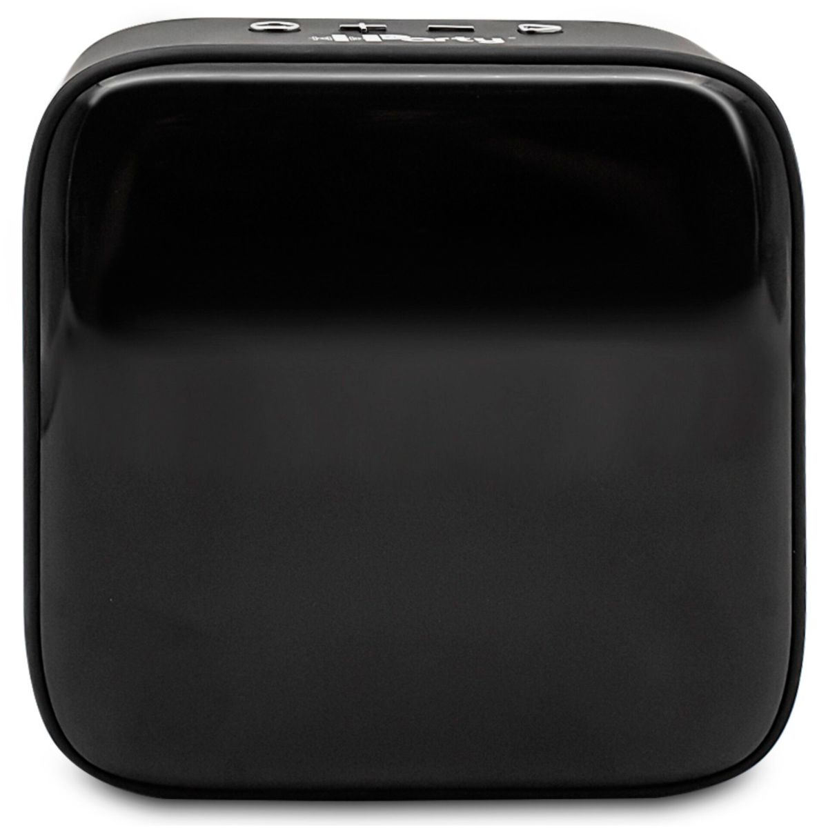 Czarne, błyszczące, zaokrąglone kwadratowe urządzenie z kilkoma portami na górze.