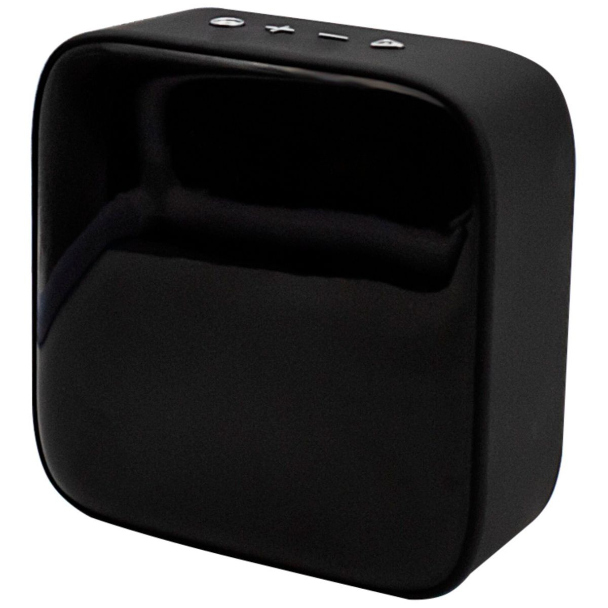 Czarny głośnik w kształcie kostki. Ma trzy przyciski na górze i mały otwór z boku.