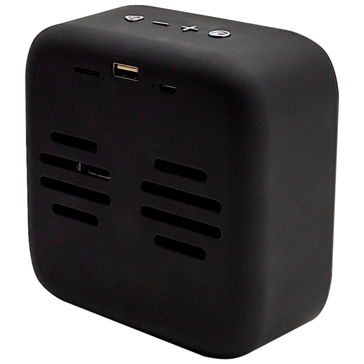 Czarny głośnik w kształcie kostki z przyciskami i portem USB, białe tło.