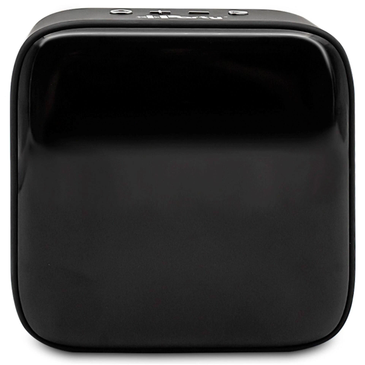 Czarne urządzenie z zaokrąglonymi rogami i błyszczącym wykończeniem. Ma małe przyciski na górze.