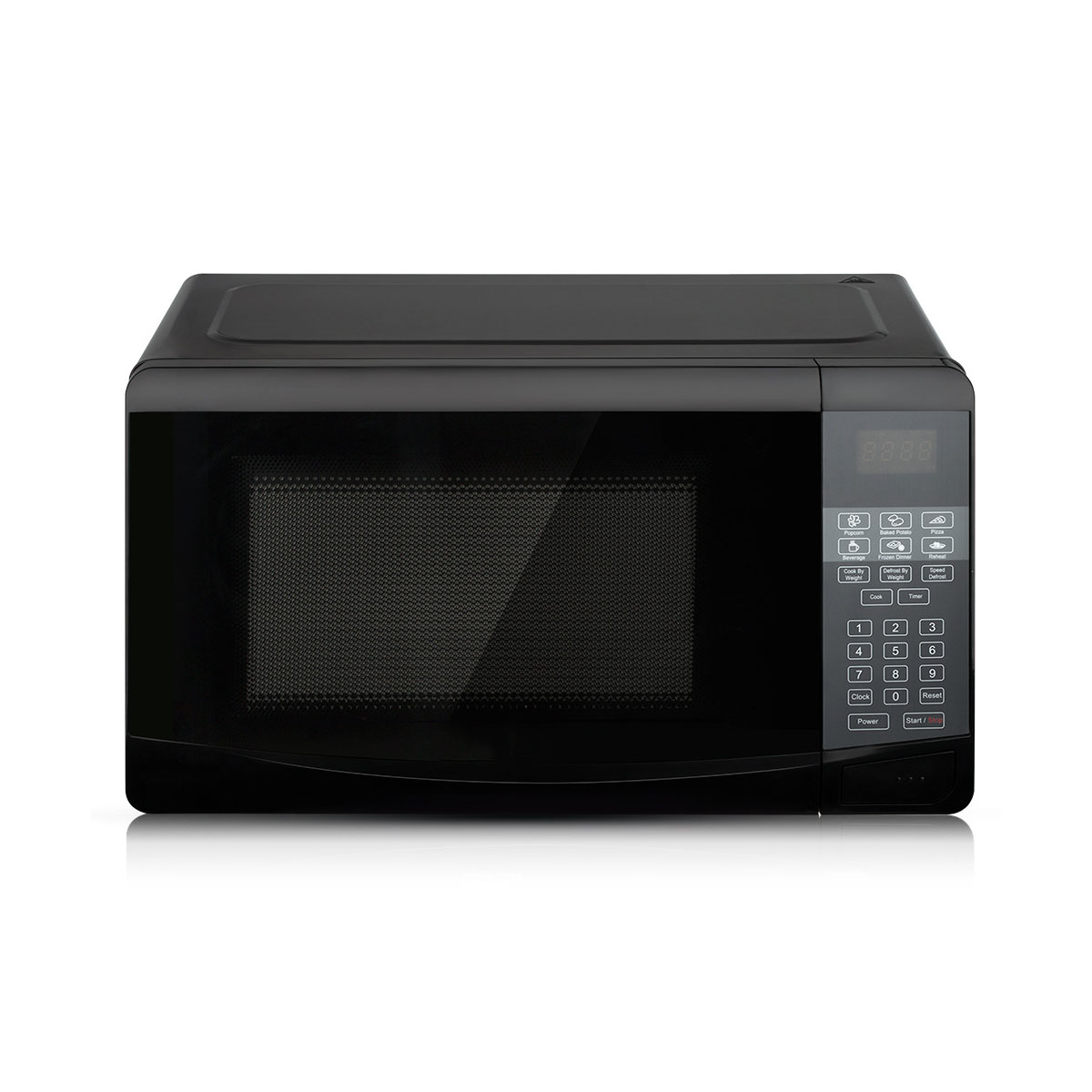 Horno microondas negro con panel de control y pantalla, sobre fondo blanco.