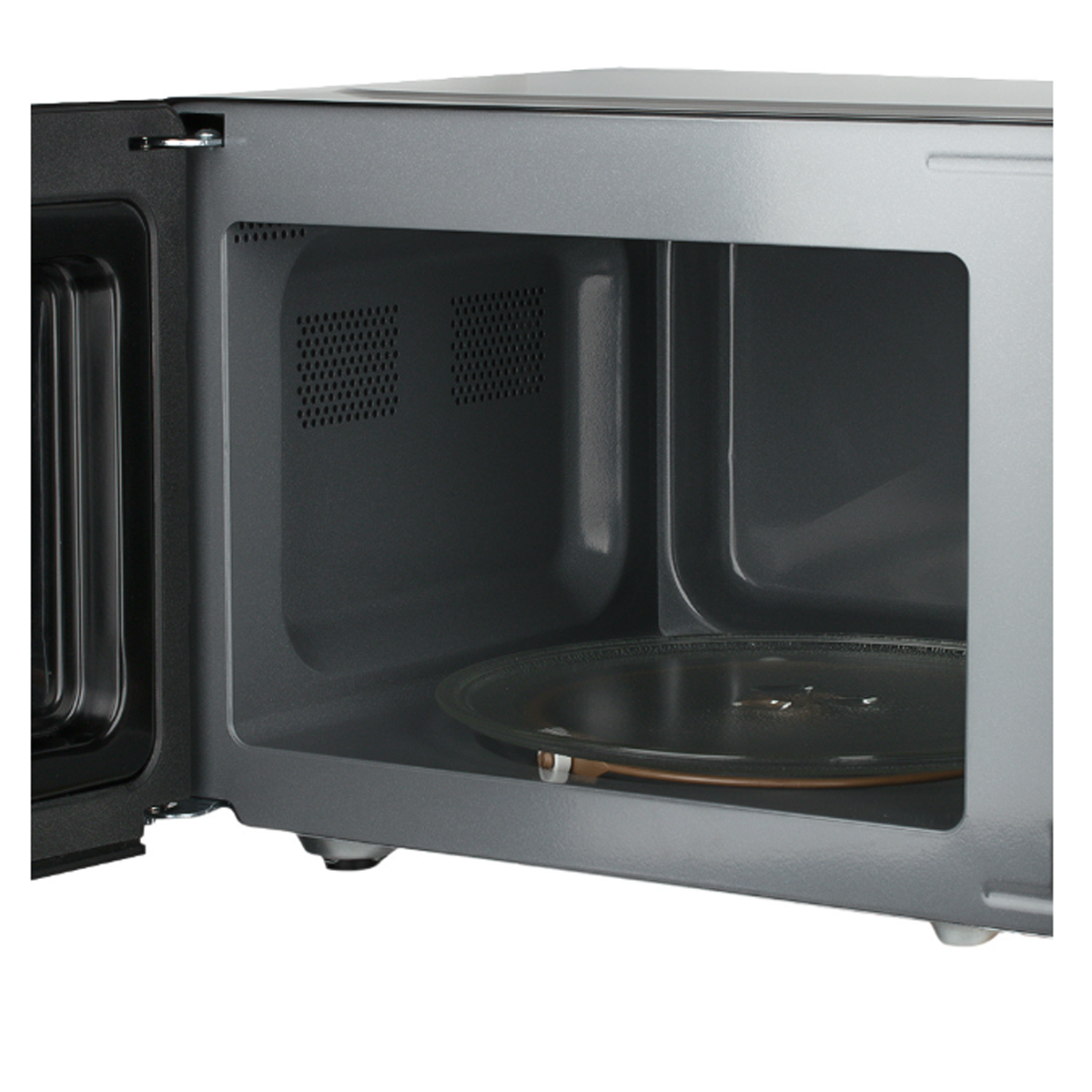 Interior de microondas con plato de vidrio, paredes grises y ventilaciones. Puerta semiabierta.