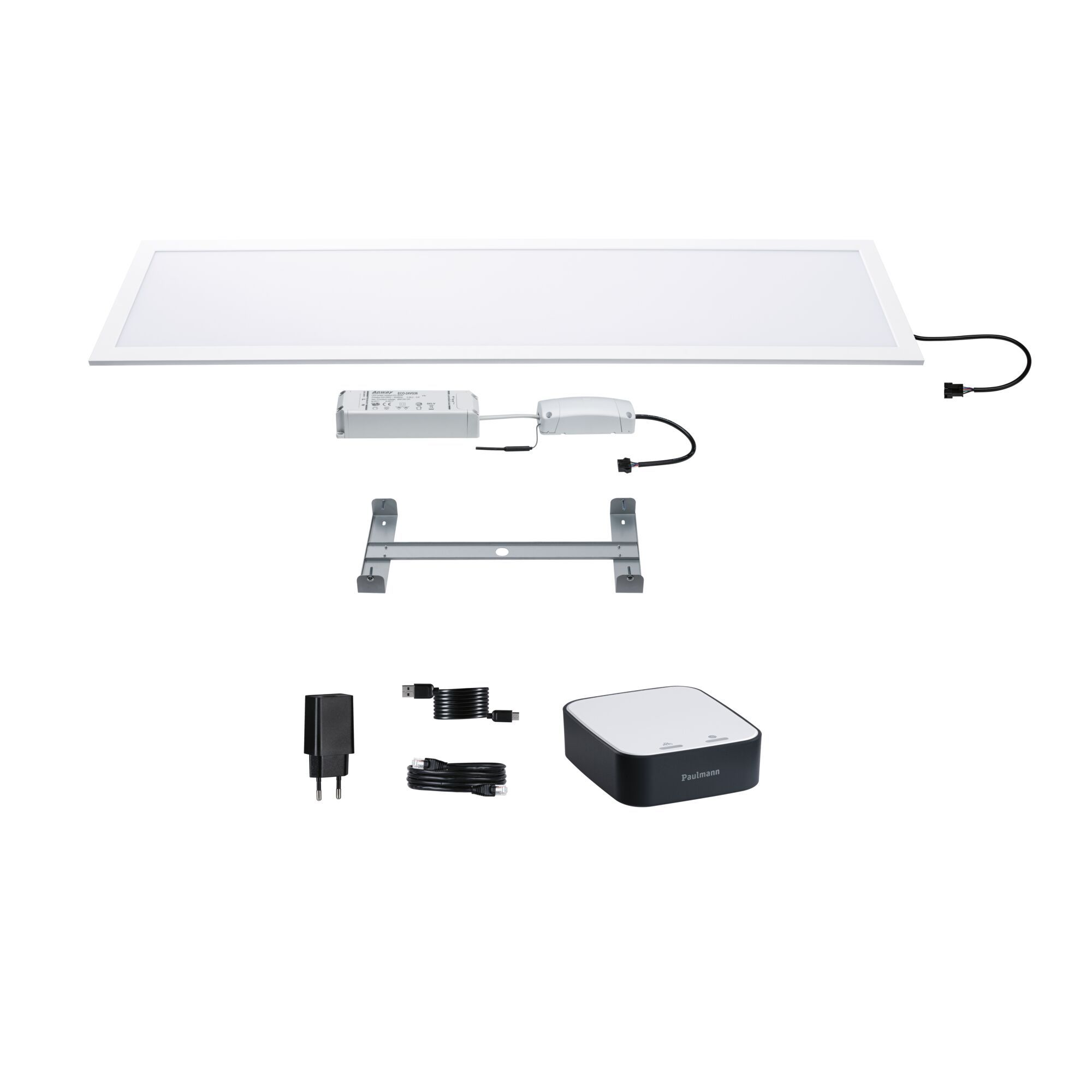 Biały panel LED, zasilacz, wspornik montażowy i akcesoria na białym tle.