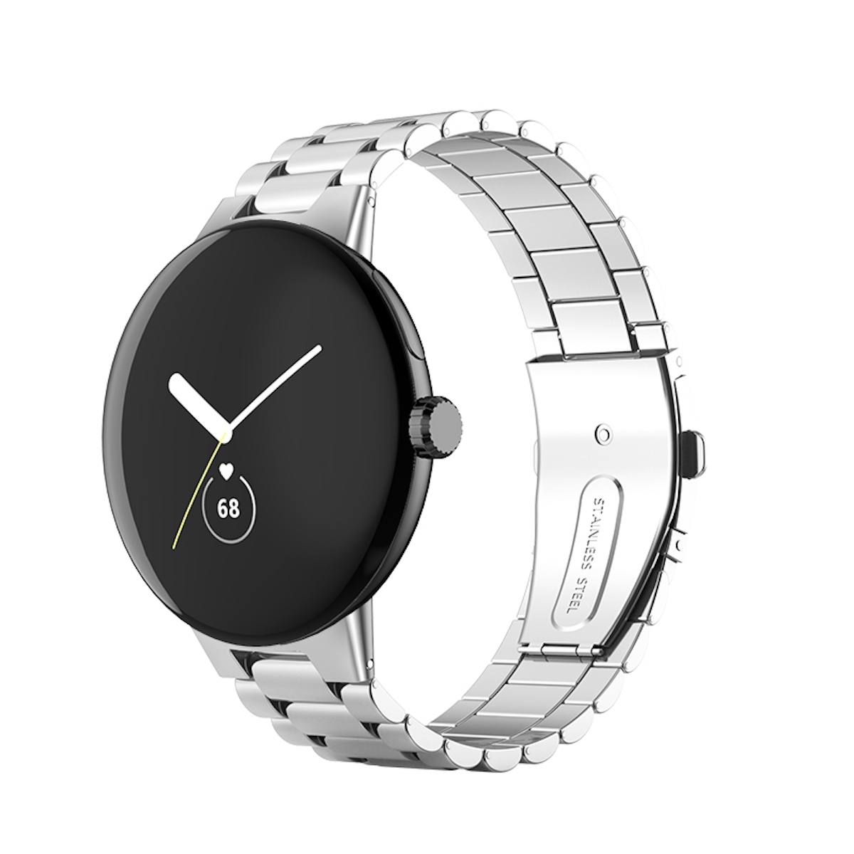 Eine schwarze Smartwatch mit rundem Zifferblatt. Das Armband ist silberfarben und die Uhr zeigt ein Zifferblatt.