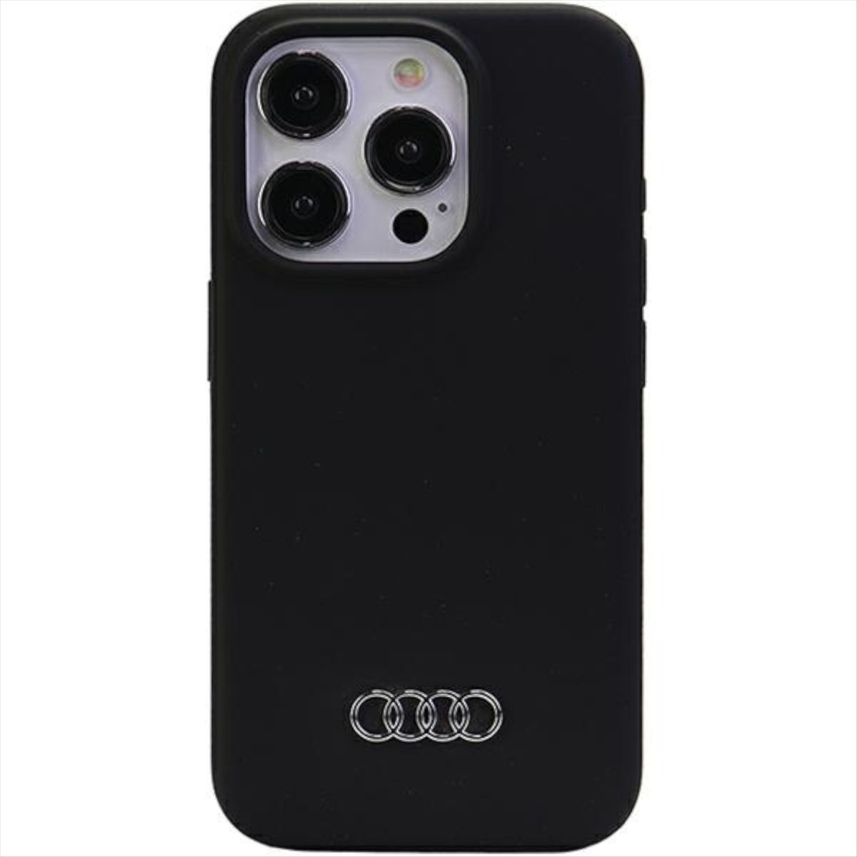 Schwarze Handyhülle mit Audi-Logo. Die Hülle hat ein Kameramodul und befindet sich auf weißem Hintergrund.