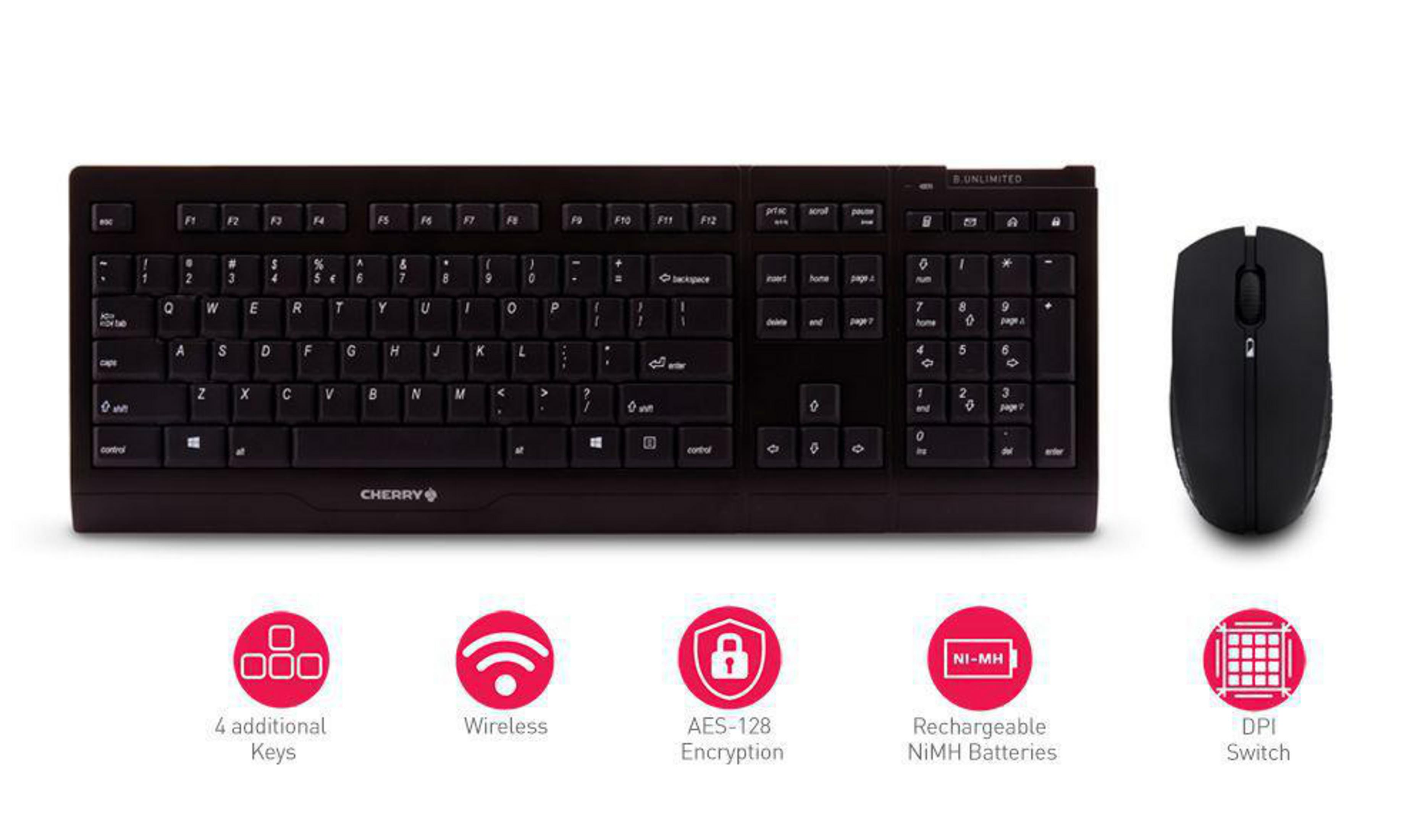 Czarna klawiatura i mysz. Klawiatura ma wiele klawiszy. Mysz jest bezprzewodowa. Ikony pokazują funkcje.