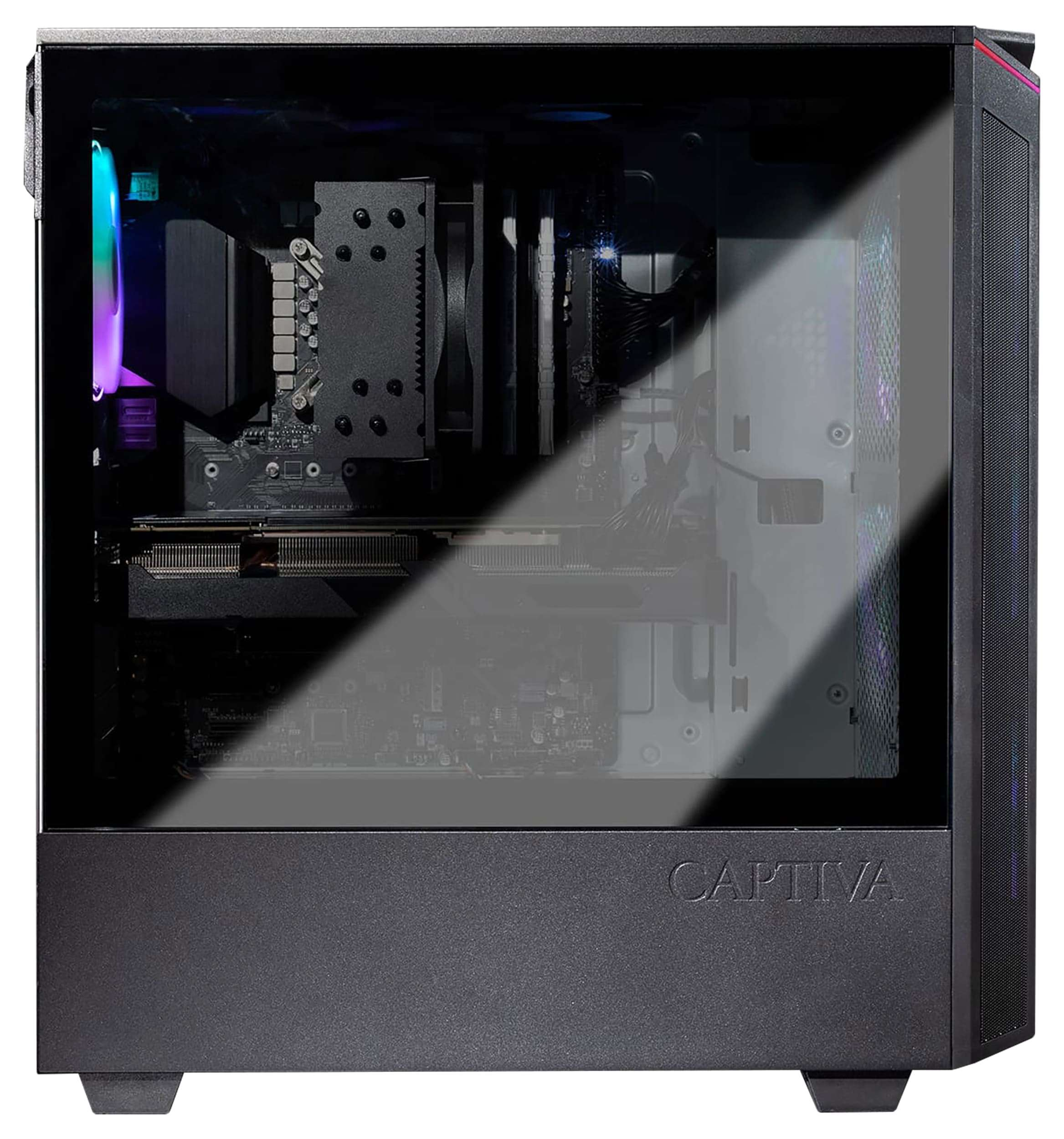 Schwarzes Computergehäuse mit sichtbaren Innenkomponenten durch Glas.