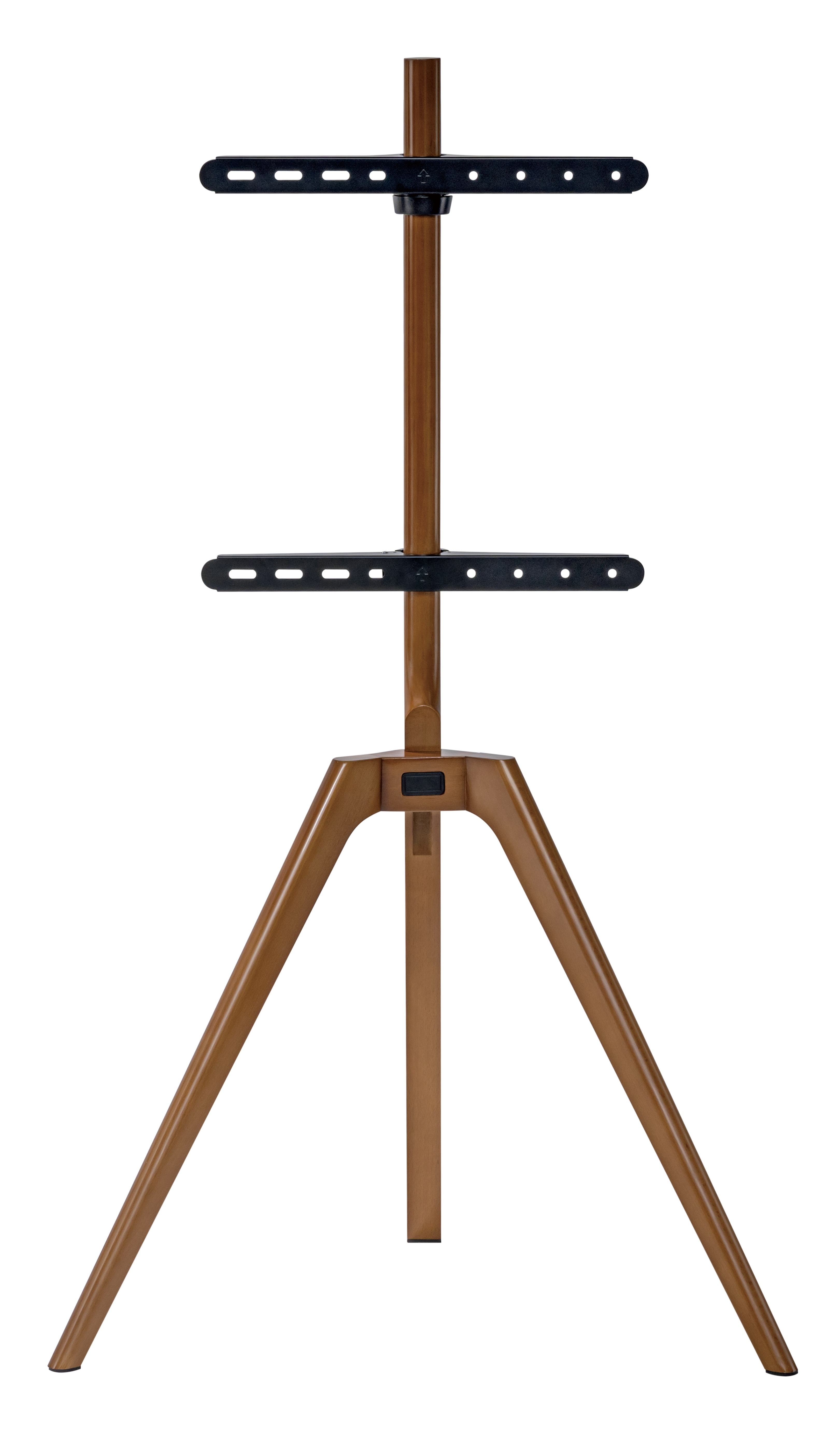 Soporte de TV de madera, estilo trípode. Dos barras negras para sujetar un televisor.