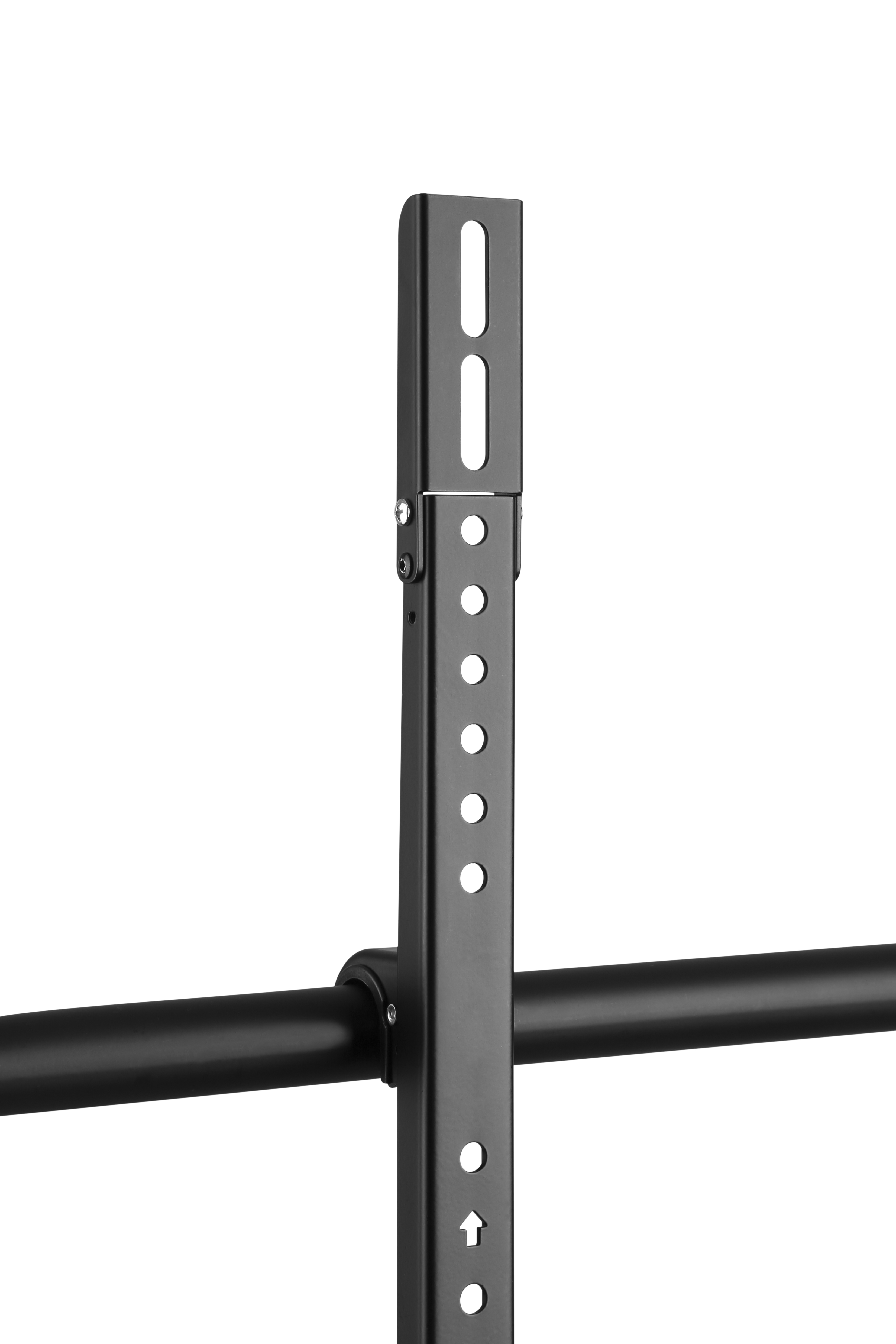 Soporte de TV de metal negro con orificios de montaje y barra horizontal negra.
