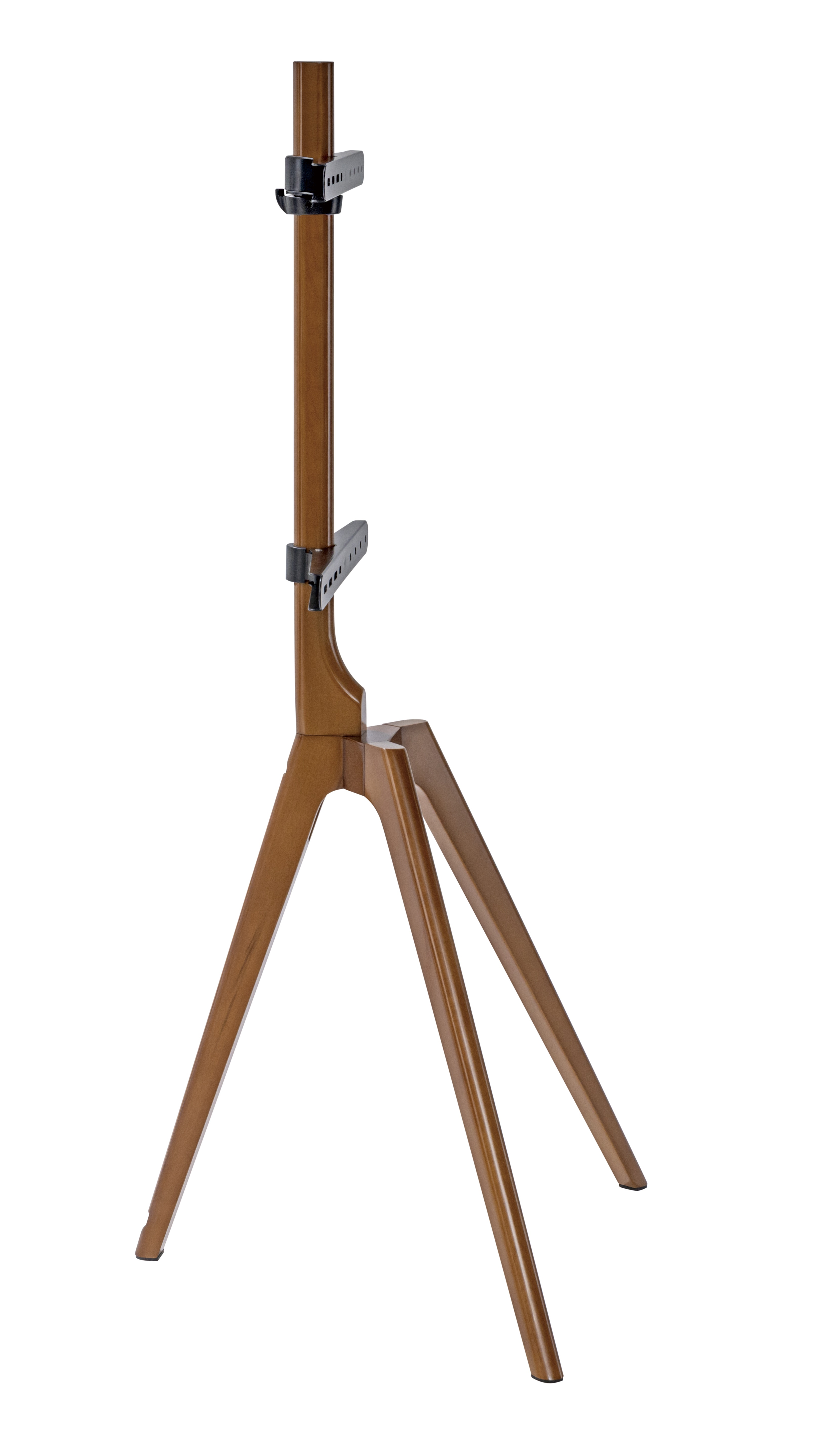 Soporte trípode de madera para pantalla o monitor, aislado sobre fondo blanco.
