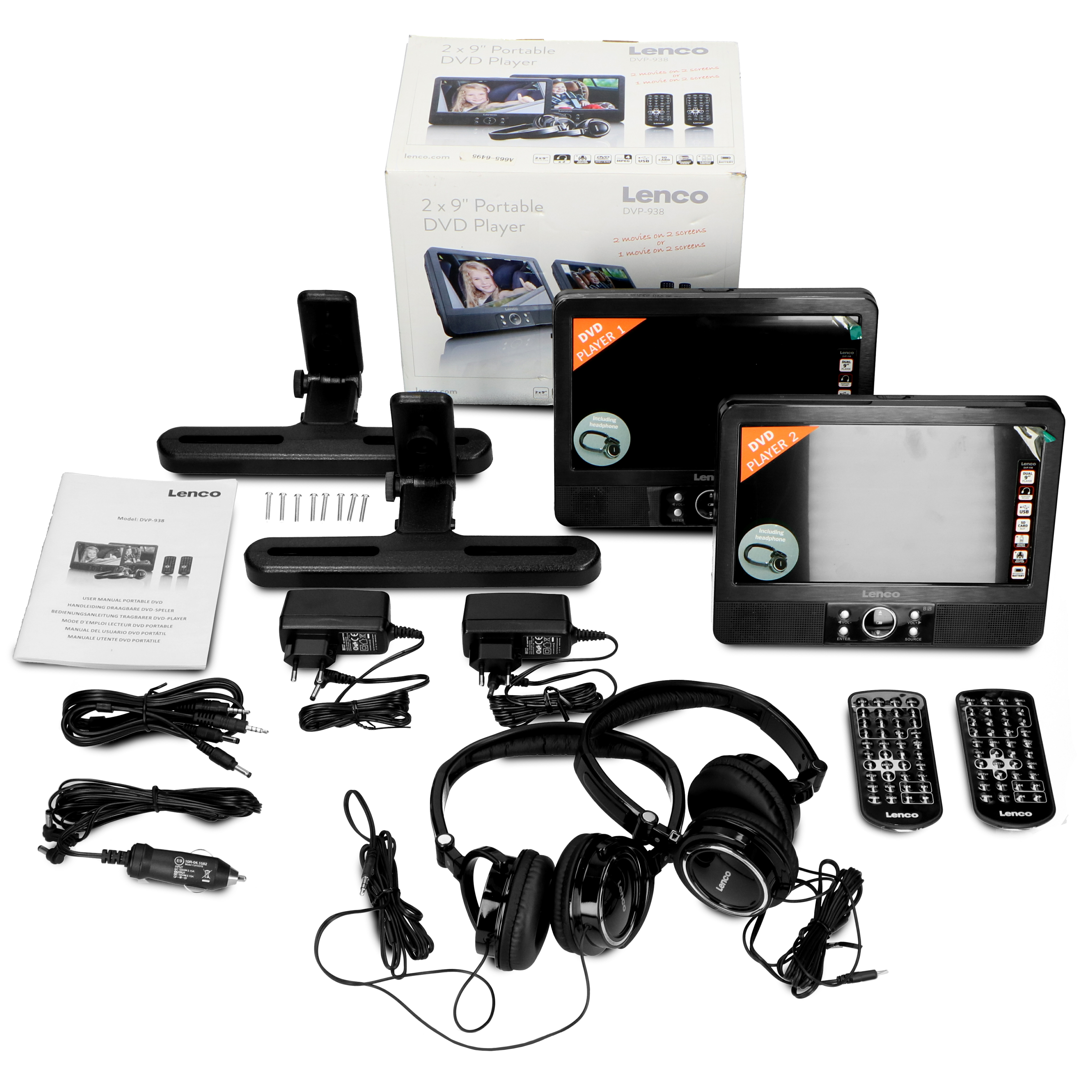 Przenośny zestaw odtwarzacza DVD z dwoma ekranami, słuchawkami, pilotami i akcesoriami.