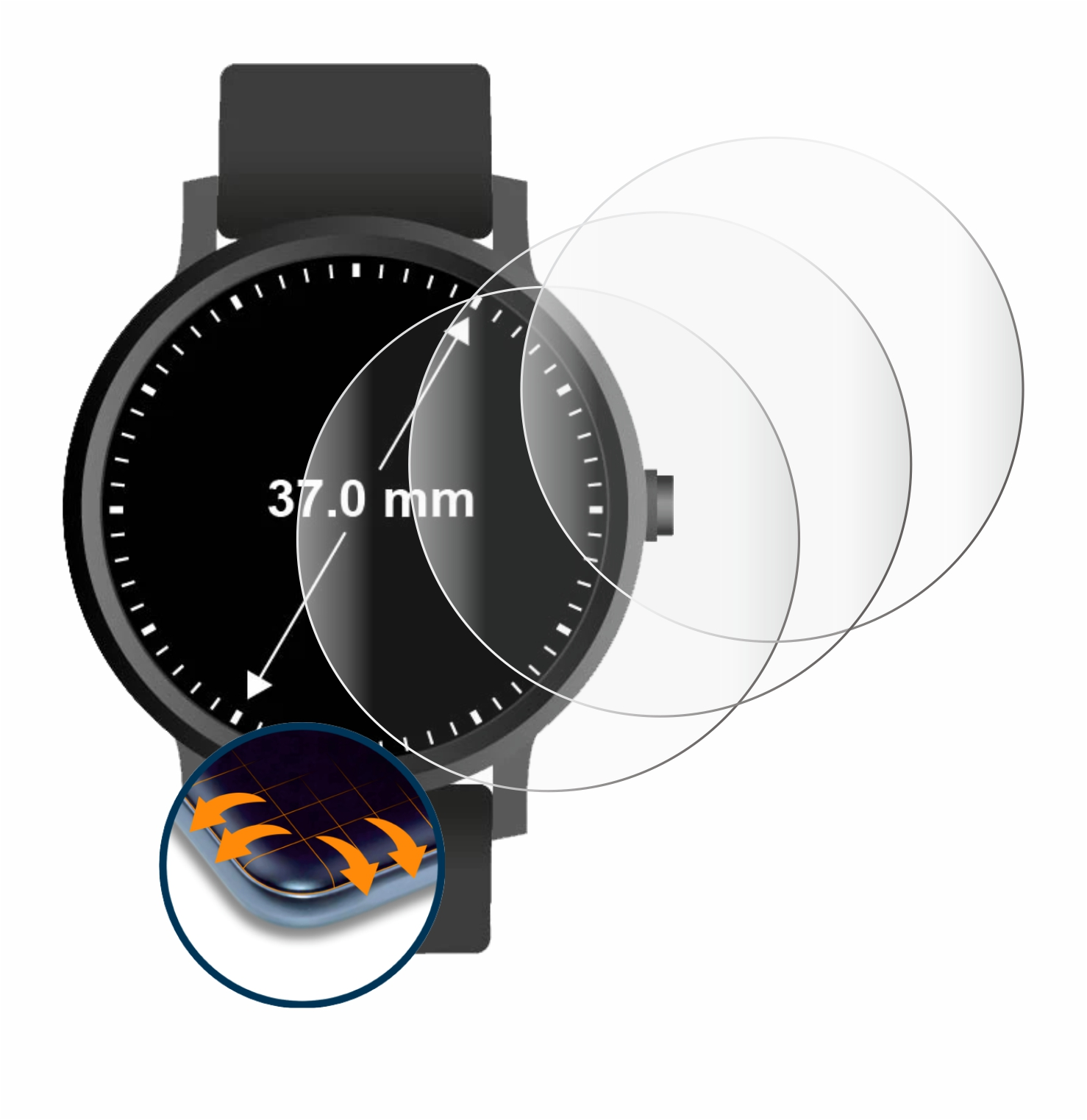 Flex SAVVIES ø: 4x Curved 37 3D Full-Cover Armbanduhren mm)) (Kreisrund, Universal Schutzfolie(für