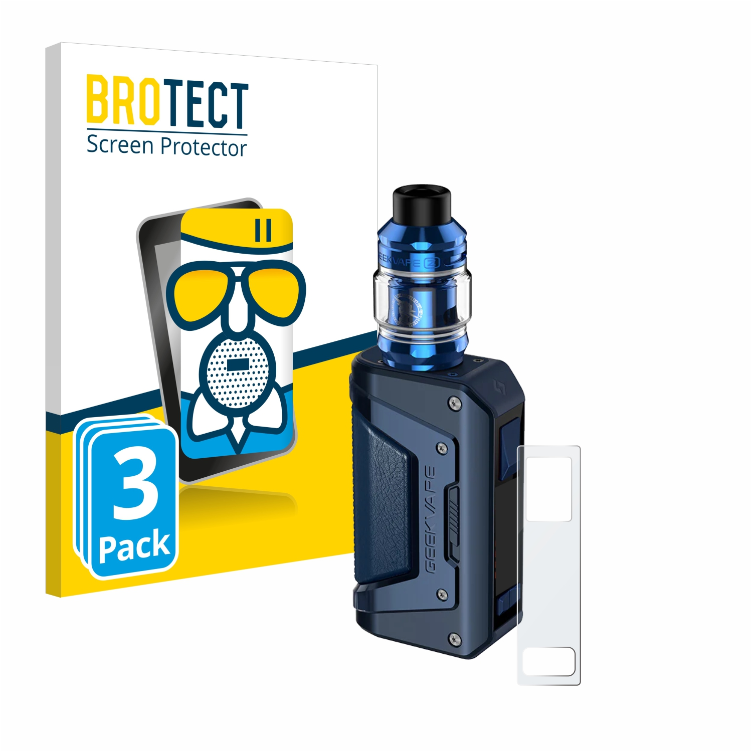 Ein Vape-Gerät und eine Displayschutzfolienbox. Das Gerät ist marineblau mit schwarzem Bildschirm.